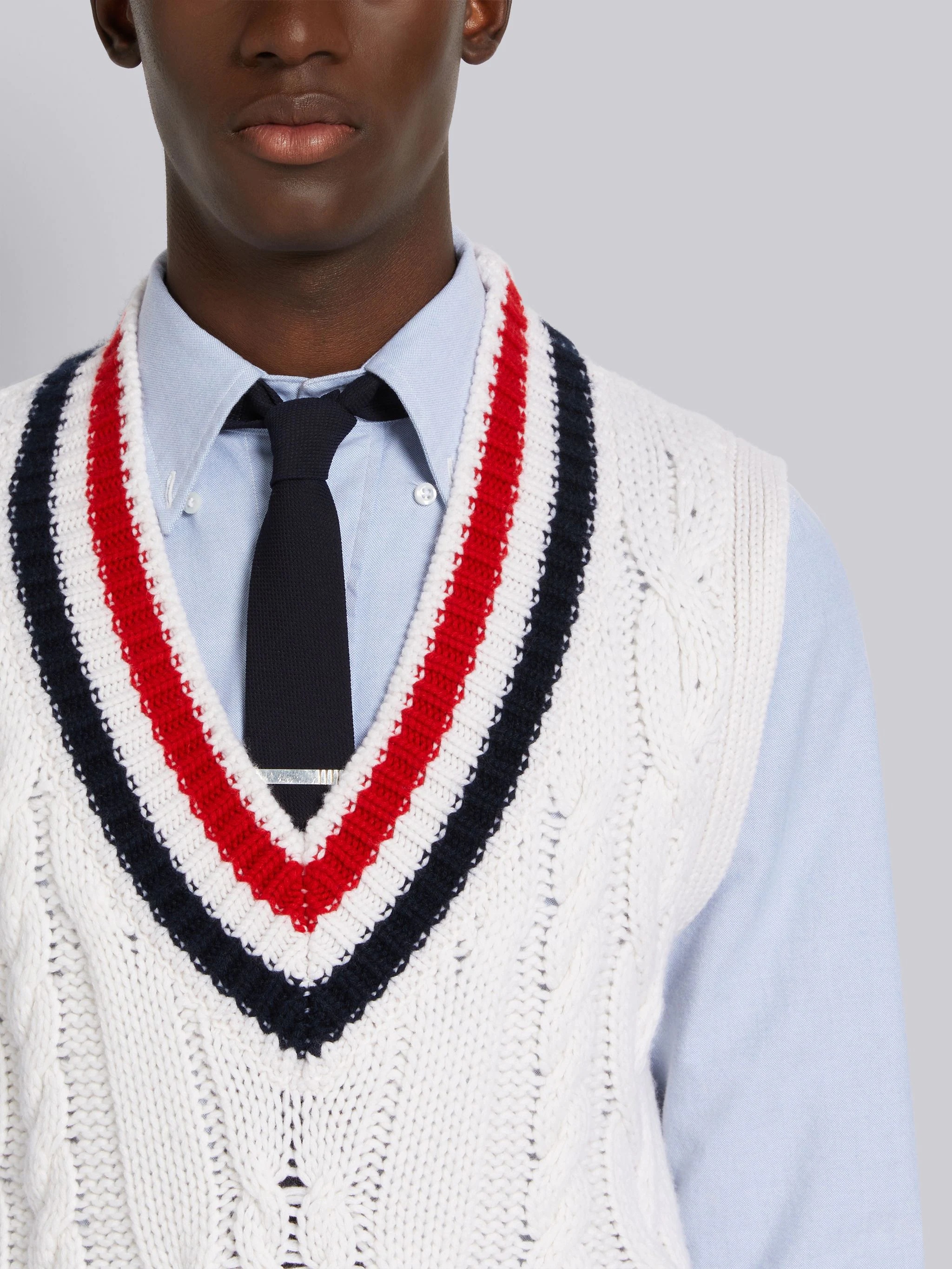 White Cashmere Stripe Trim Cable Knit V-Neck Vest - 5