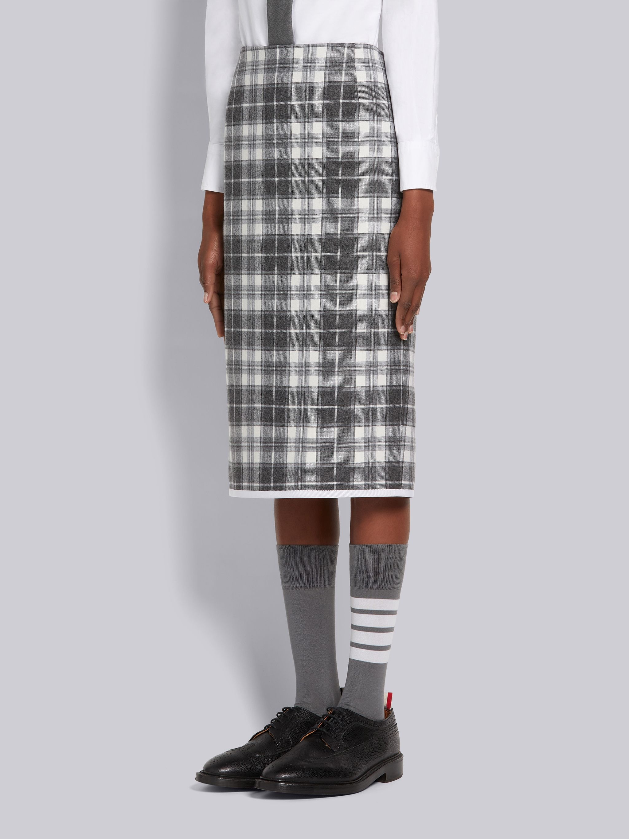 Medium Grey Tartan Check Wool Flannel Suiting Grosgrain Tipping Low-rise Knee-length Pencil Skirt - 2