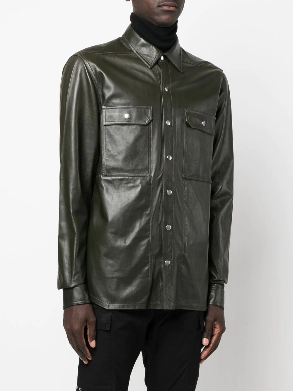 two-pocket button-up leather shirt - 3