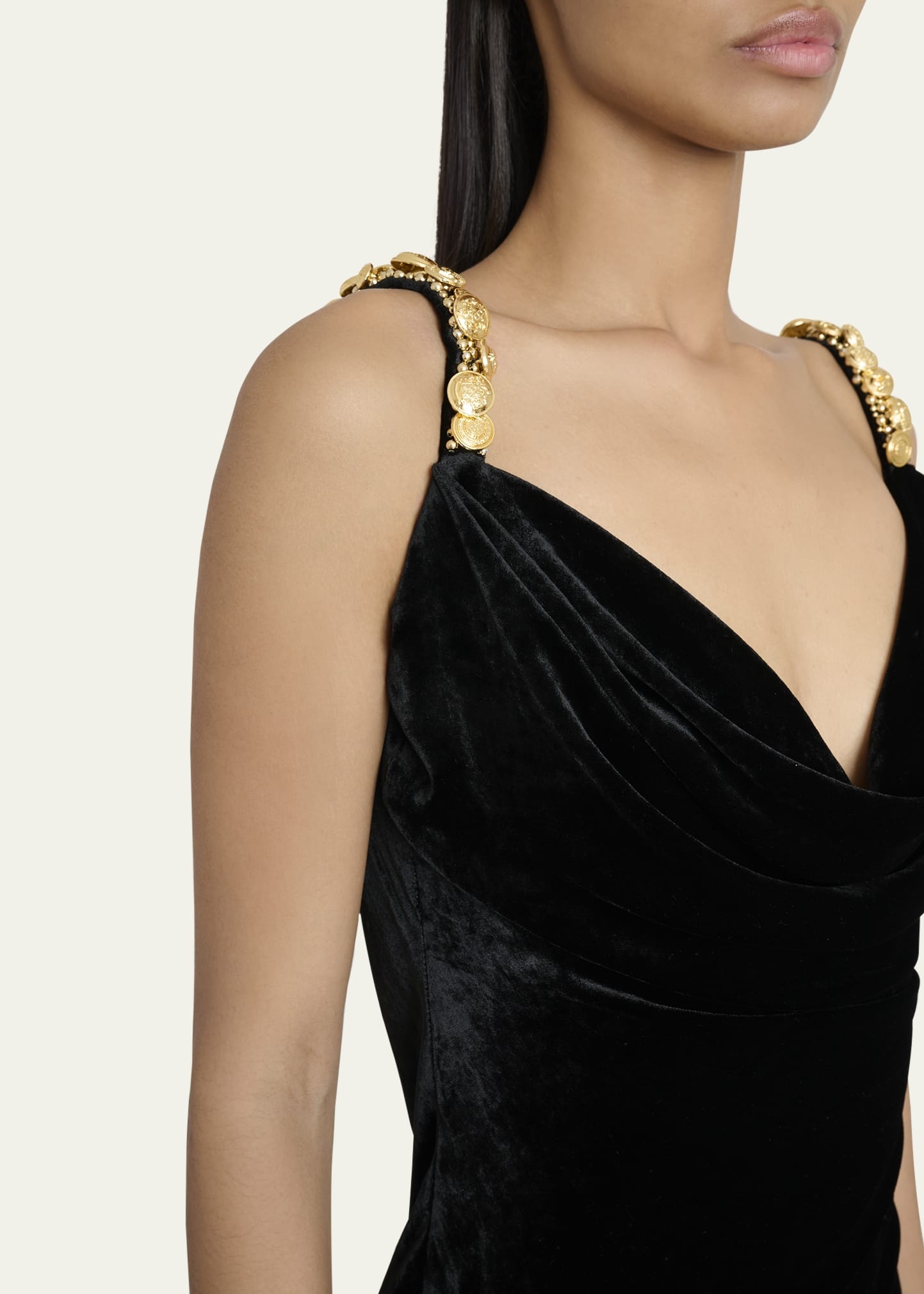Button Cowl-Neck Velvet Slit Maxi Dress - 5