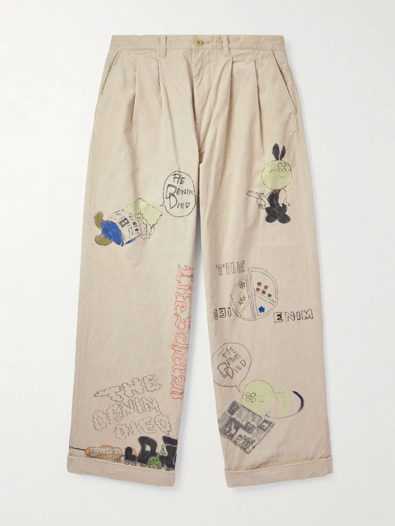 Ivy Wide-Leg Pleated Printed Cotton-Corduroy Trousers Beige - 1