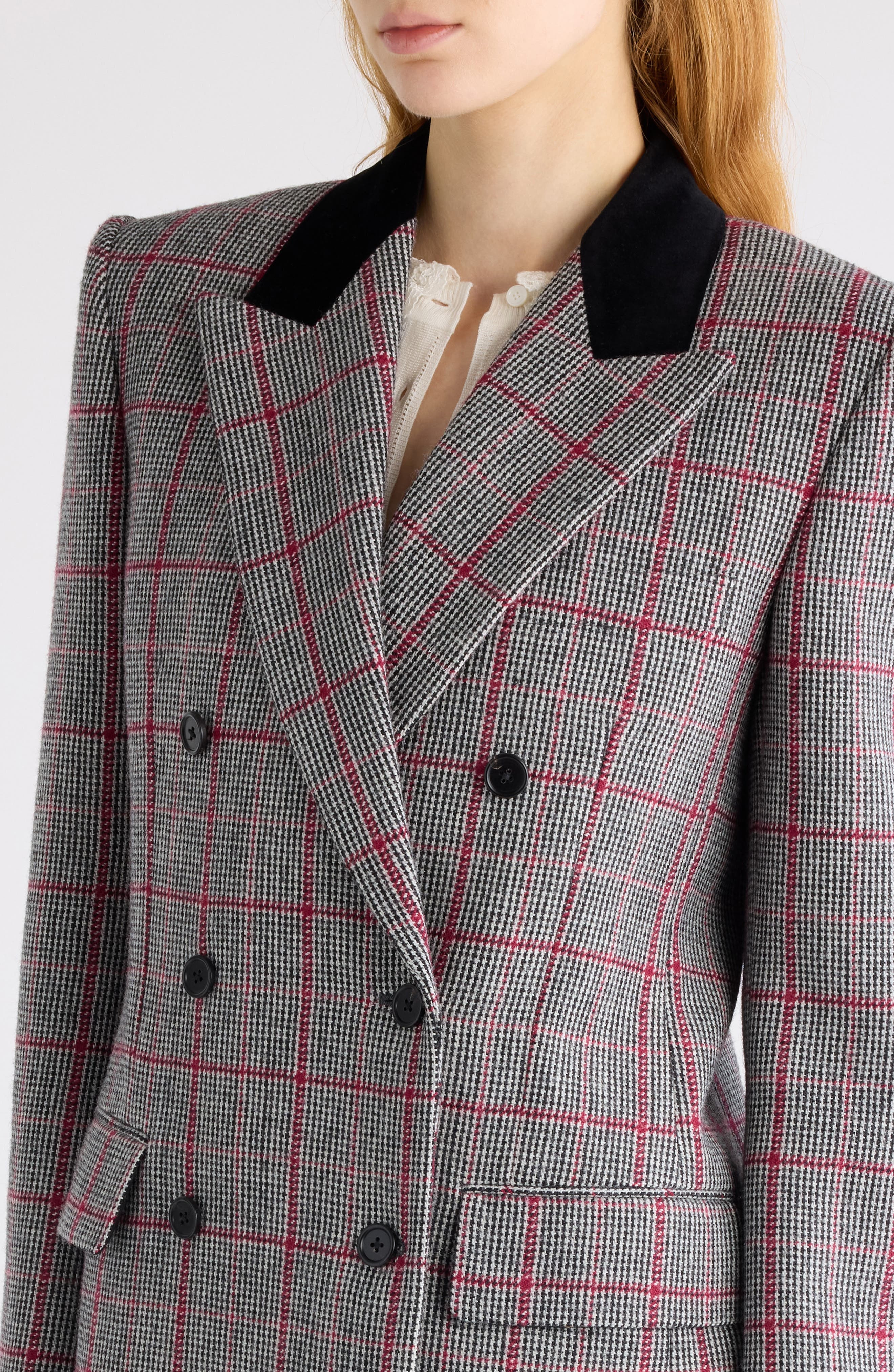 Chloé Double Breasted Plaid Virgin Wool Blazer in Black/White at Nordstrom - 5