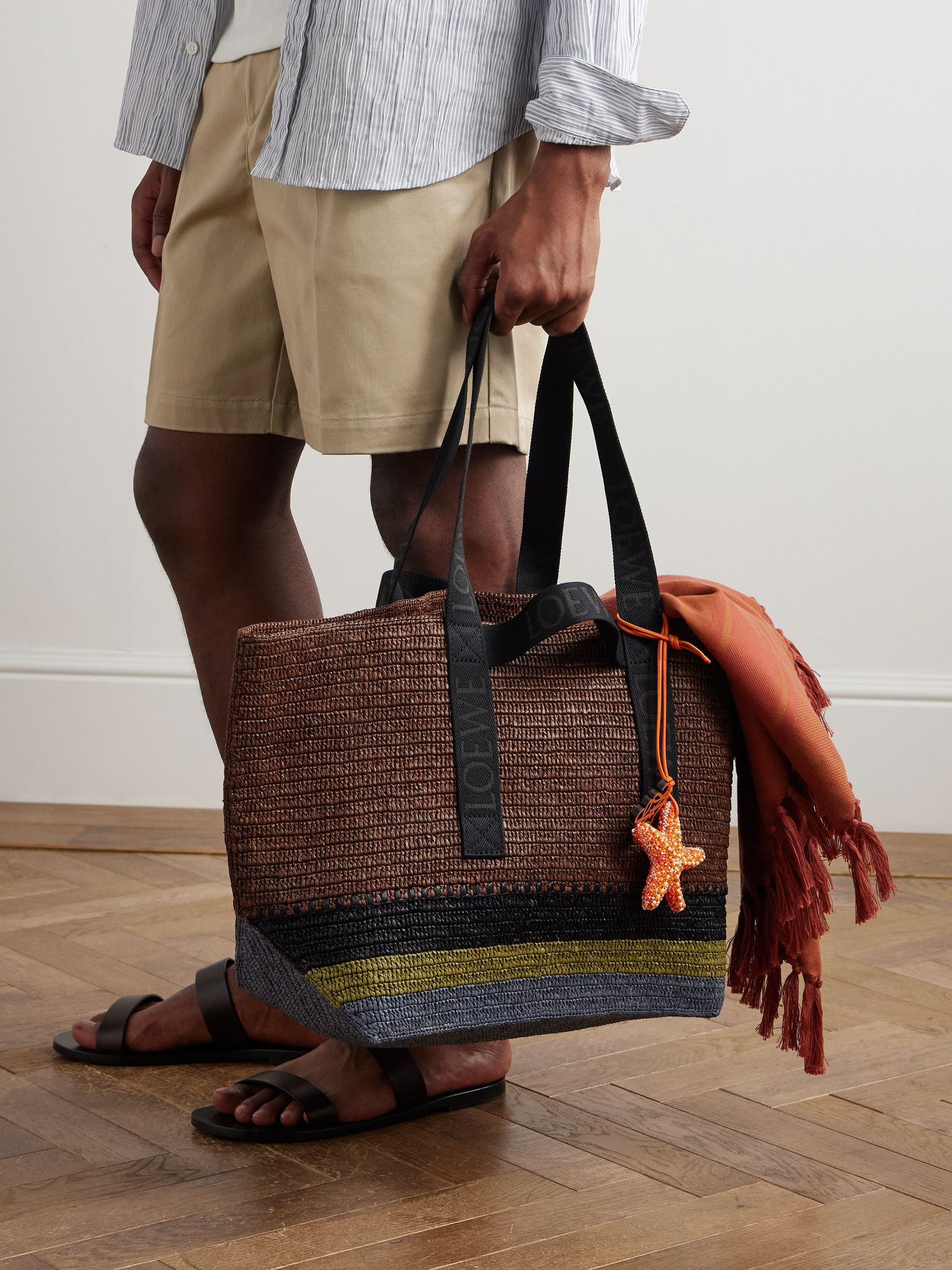 Fold Webbing-Trimmed Striped Raffia Tote Bag Brown - 2