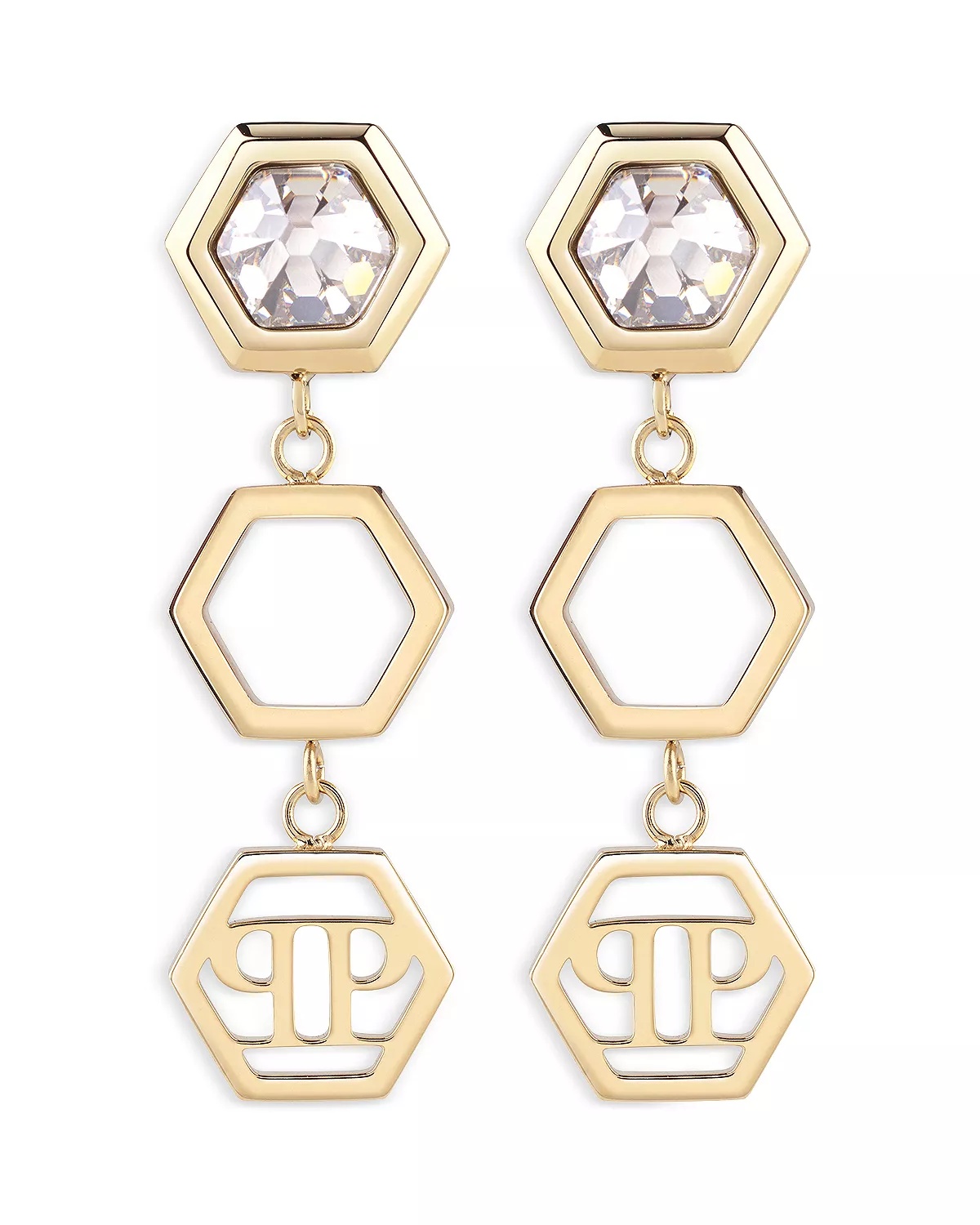 Hexagon Gold Tone Drop Earrings, 1.3"L - 1
