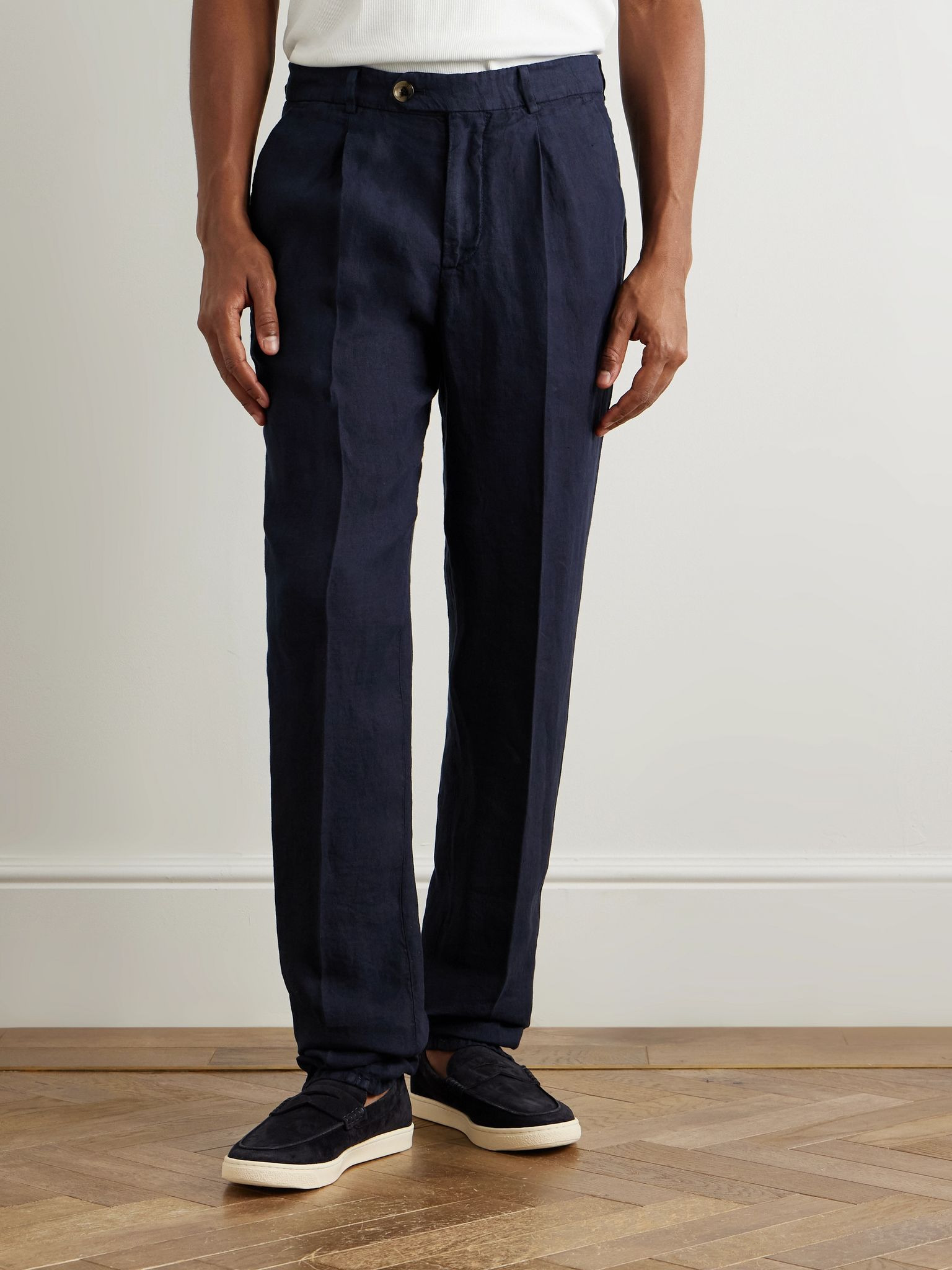 Tapered Pleated Linen-Twill Trousers Navy - 3