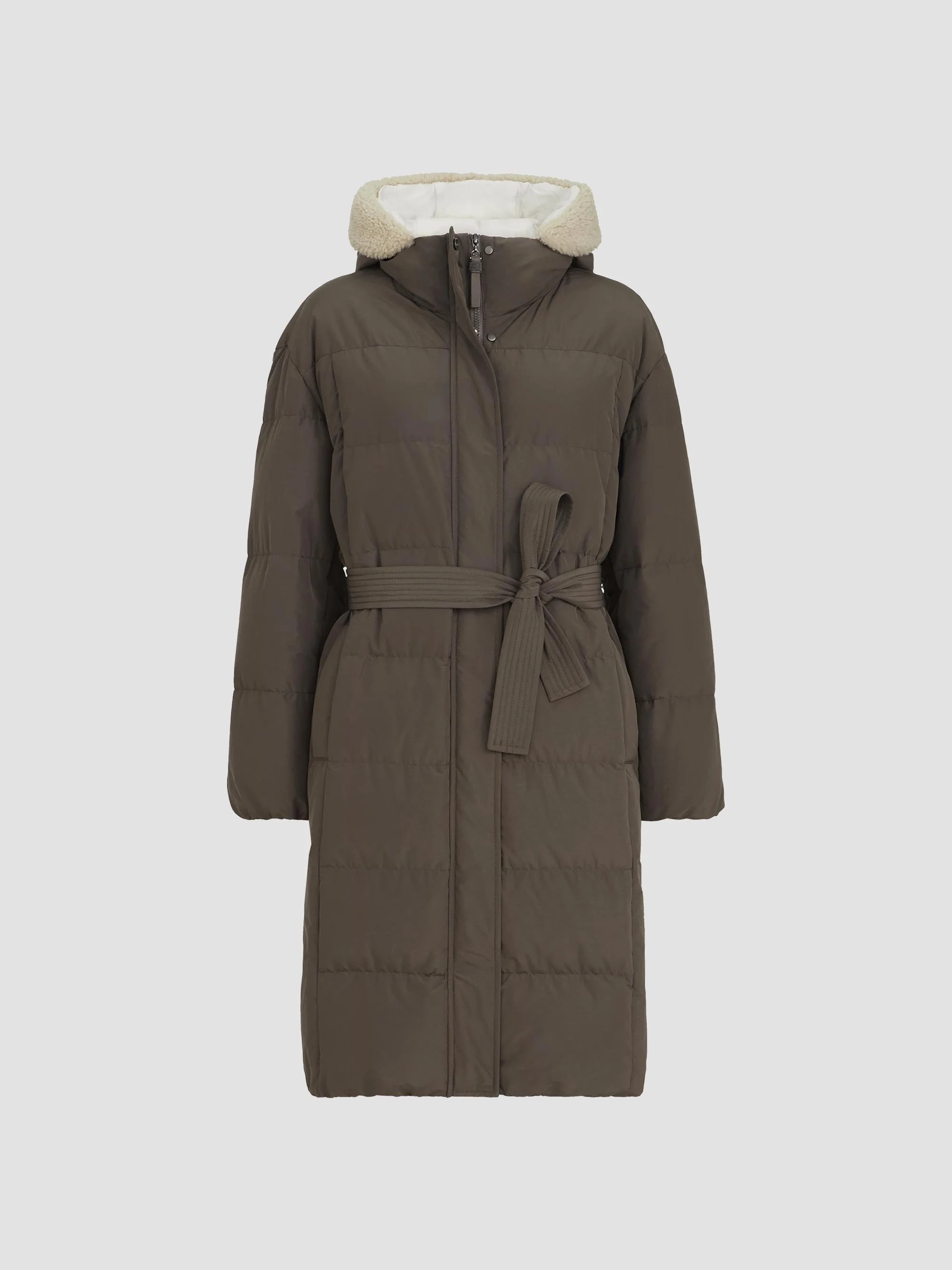 Women's Techno Cotton Taffeta Down Coat with Shearling Inserts - Brown - 1