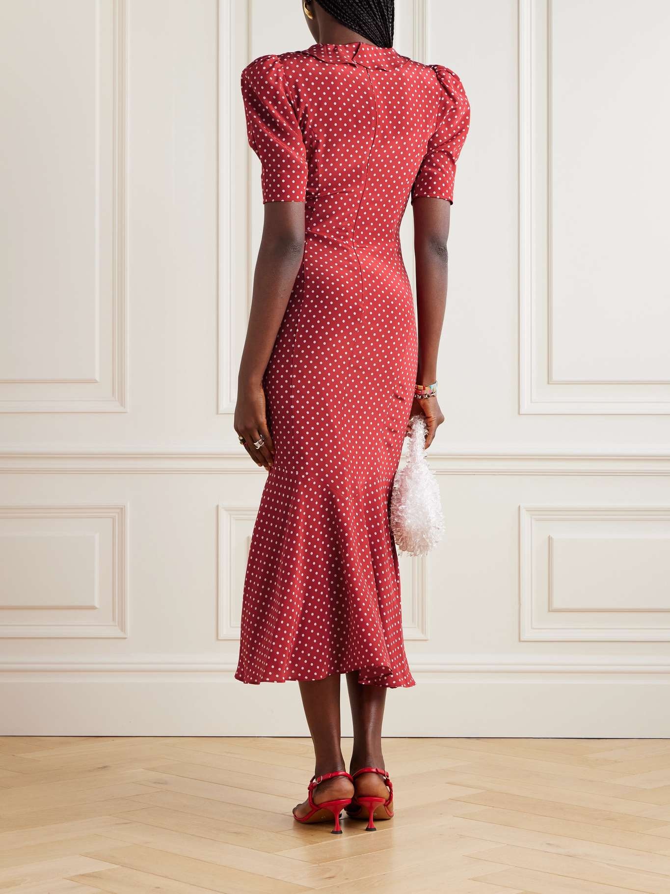 Bow-embellished polka-dot silk-satin midi dress - 3