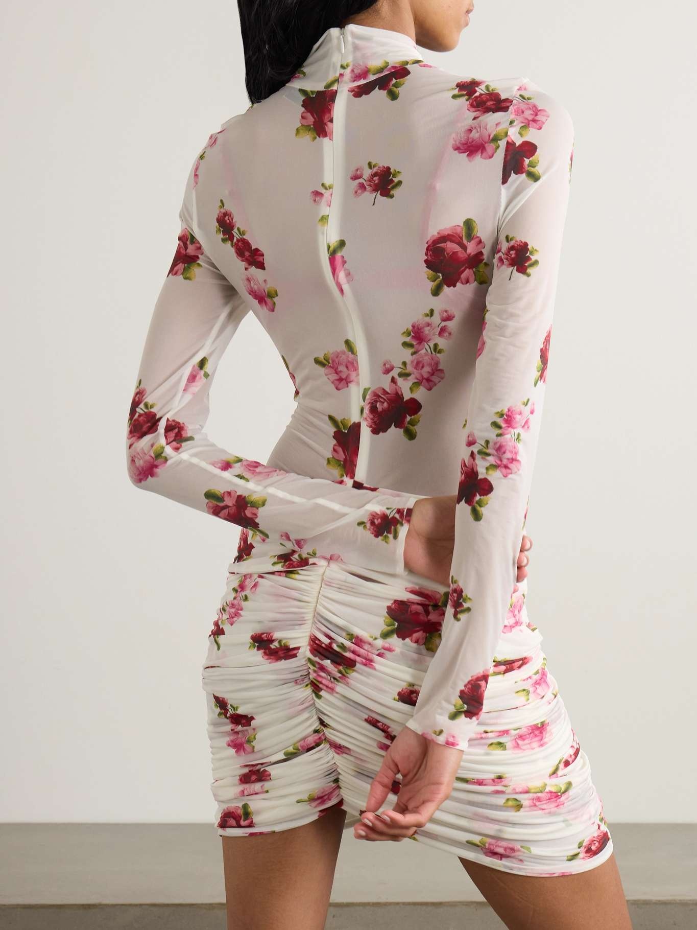 Appliquéd gathered floral-print tulle mini dress - 3