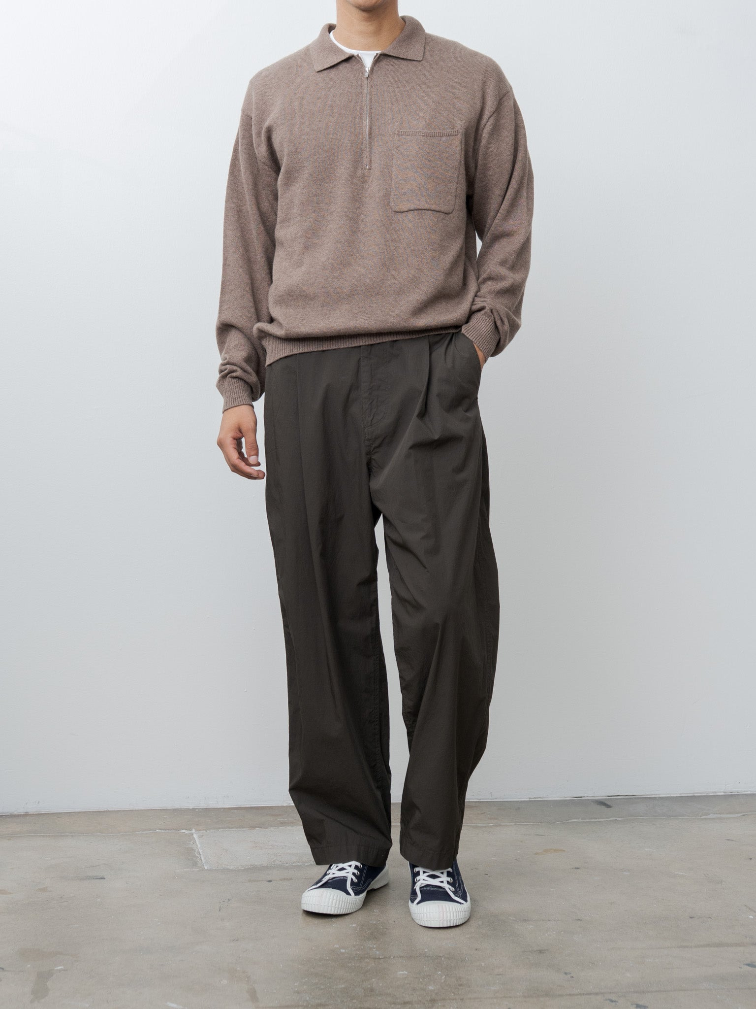 Linen Wool Brushed Zip Up Polo Sweater - Camel - 2