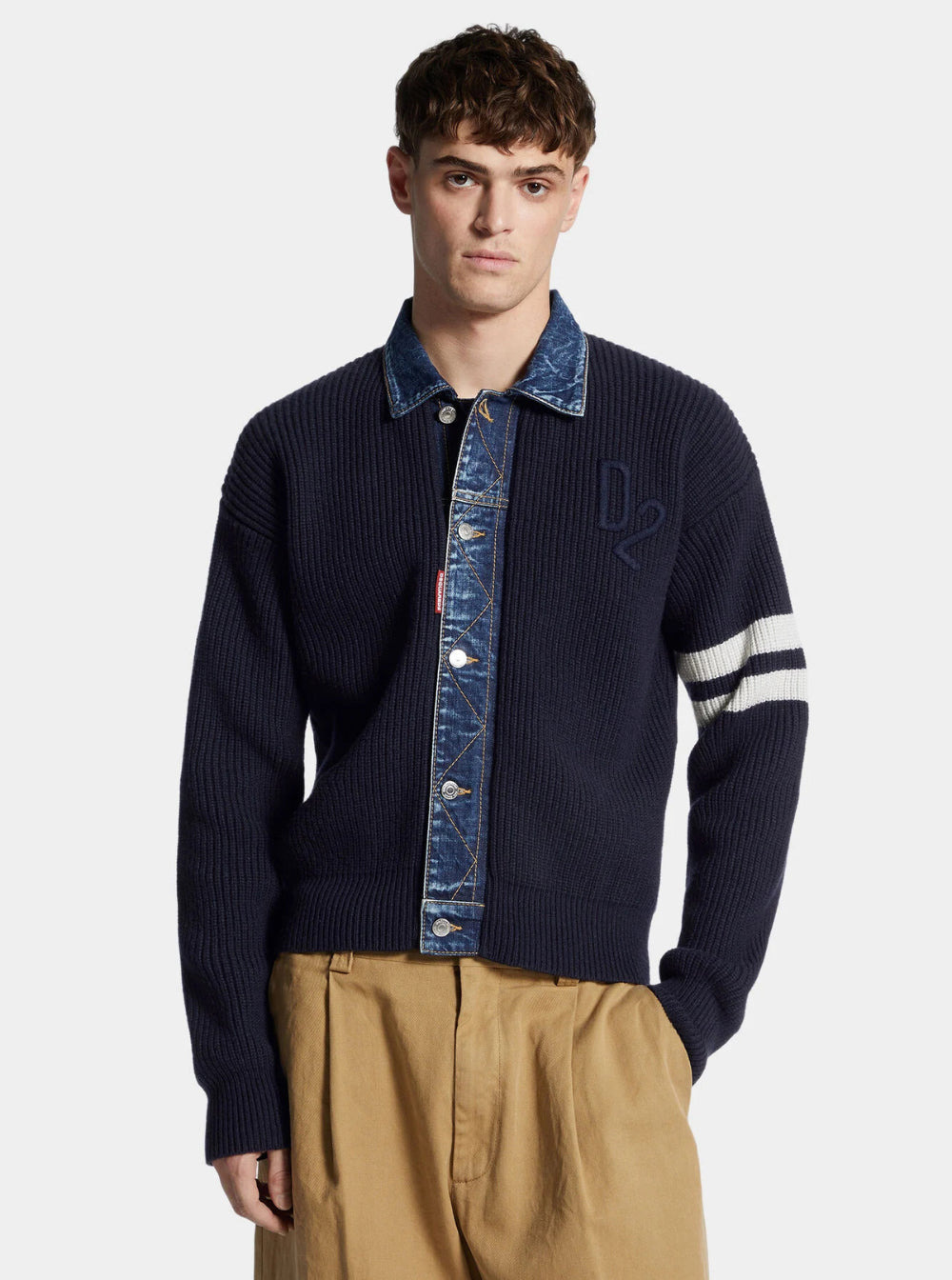 Dsquared2 Men Blue Cardigan With Denim Panels And Striped Details On The Sleeve In Wool And Cashmere - 4