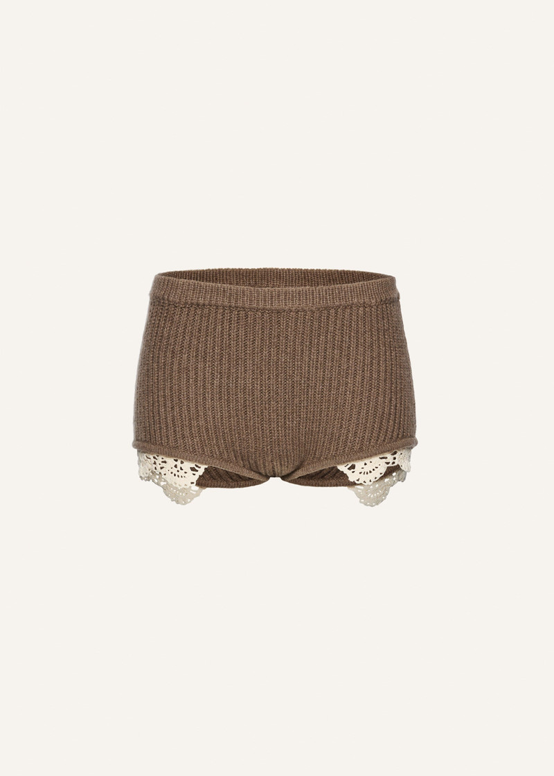 Lace detail ribbed knitwear shorts in beige - 1