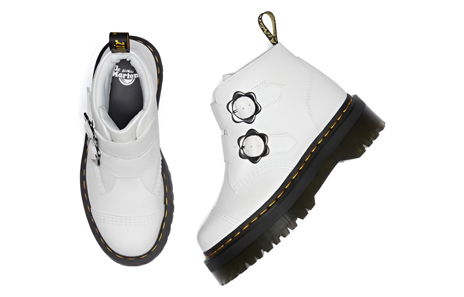 (WMNS) Dr.Martens Devon Flower Buckle Leather Platform Boots 'White Black' 27642100 - 4