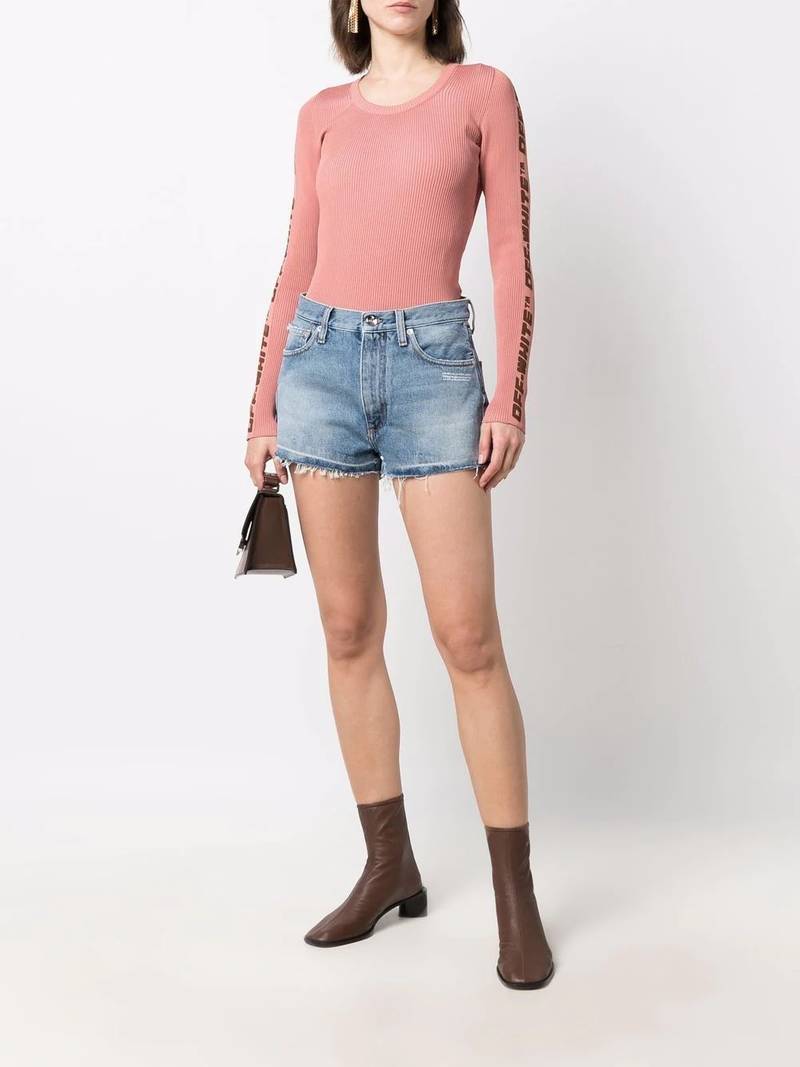 Off-White logo-print frayed-edge denim shorts outlook