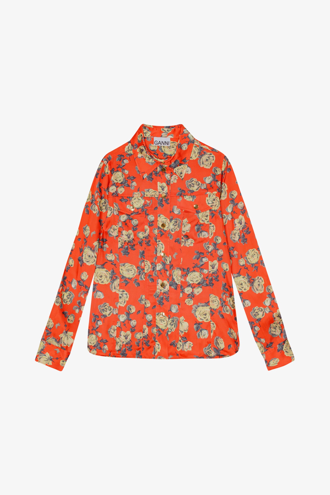 ORANGE FLORAL PRINTED SATIN SHIRT - 1