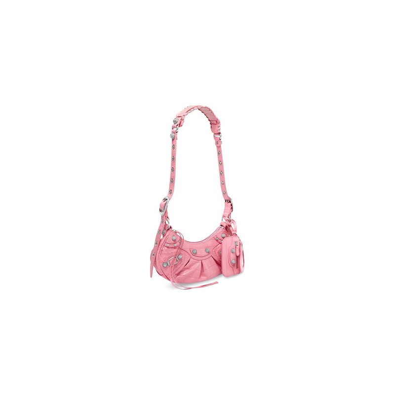 BALENCIAGA Women's Le Cagole Xs Shoulder Bag Crocodile Embossed With Rhinestones in Pink outlook