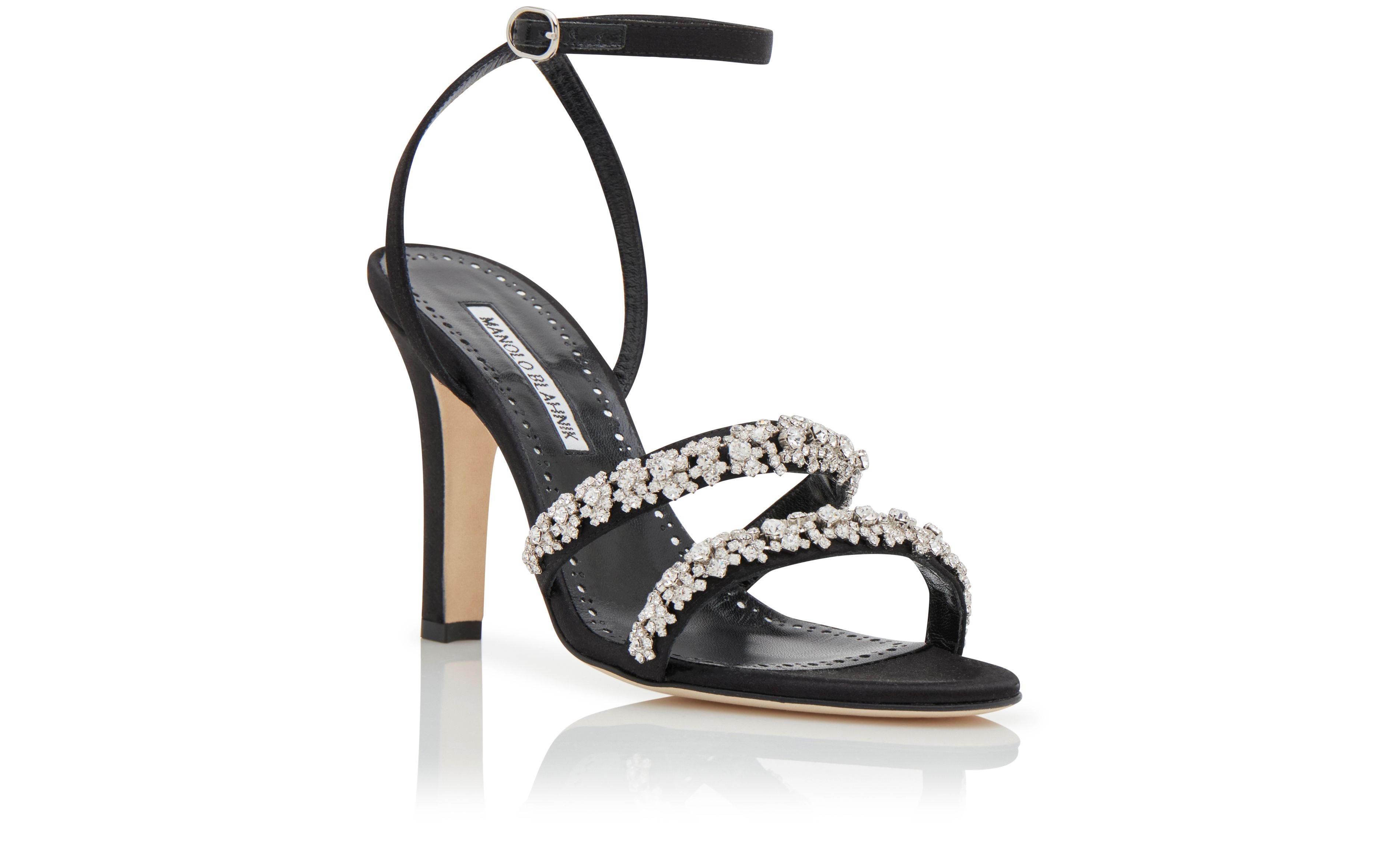 Black Satin Crystal Embellished Sandals - 3