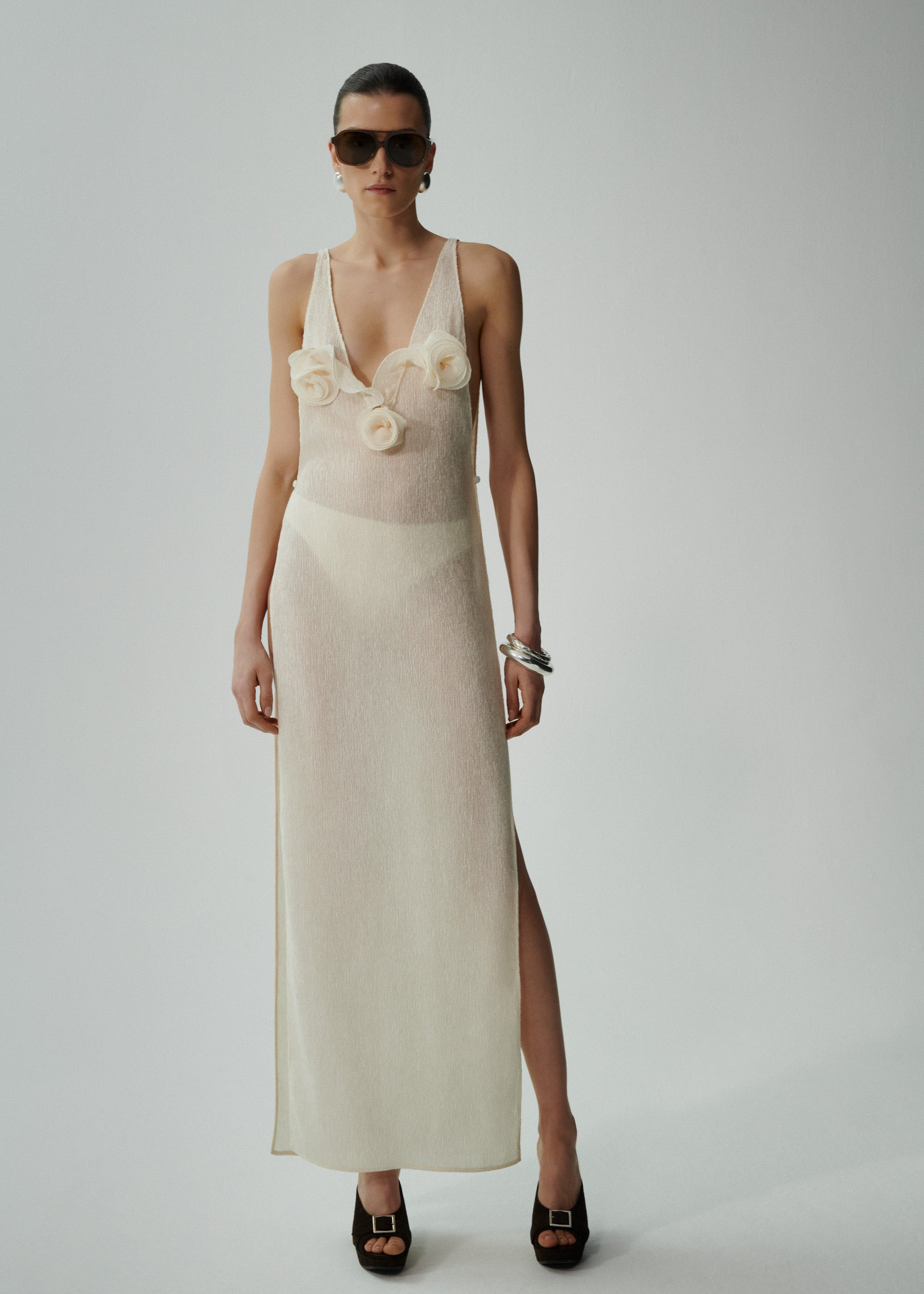 Crepe high leg maxi dress in cream - 3