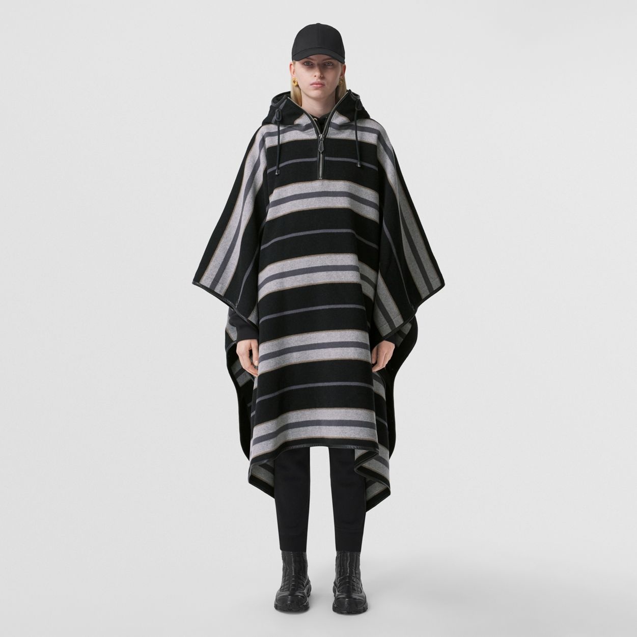 Stripe Wool Oversized Hooded Poncho - 6