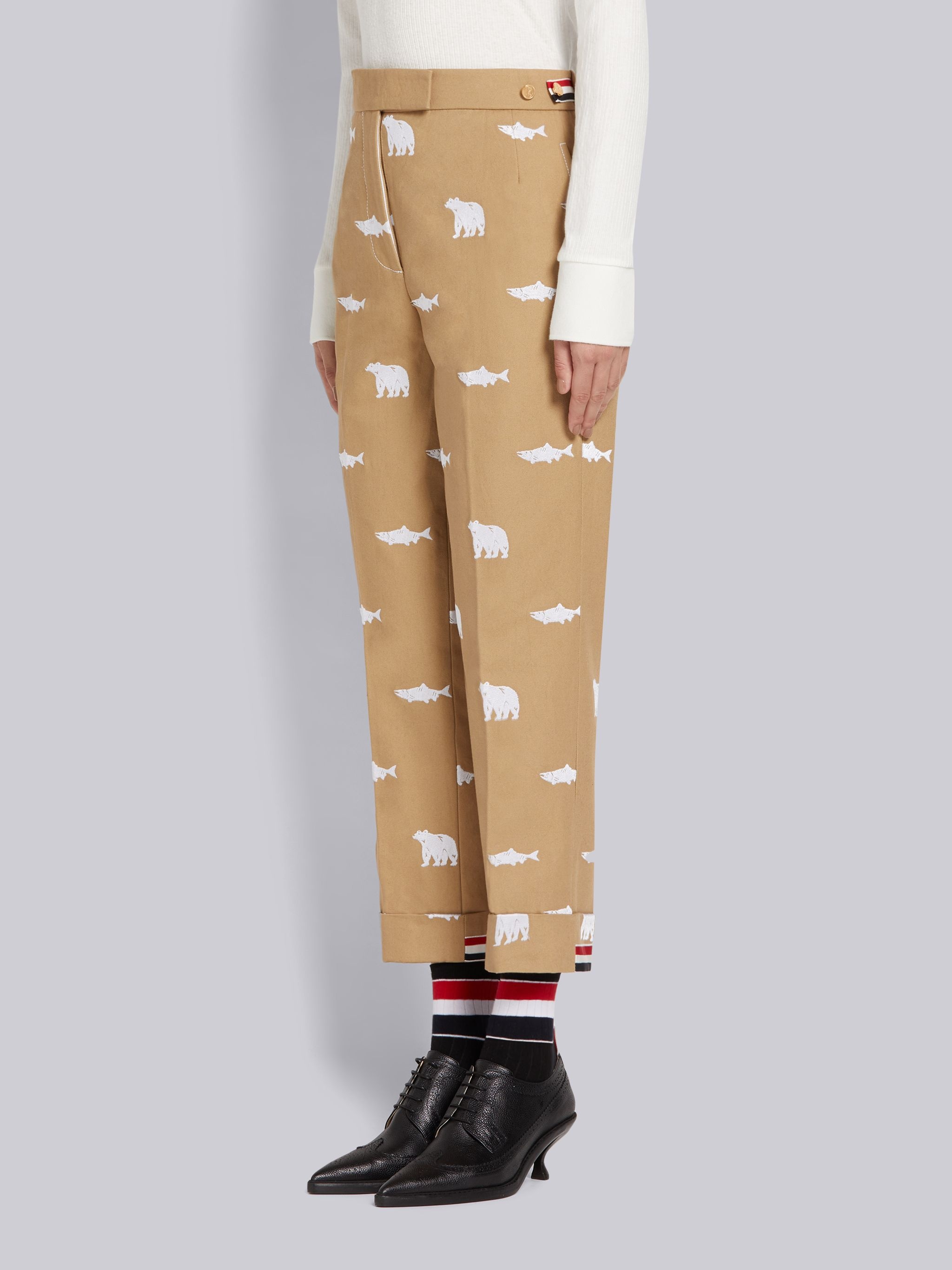 Camel Canvas Bear and Salmon Half Drop Fill Stitch Embroidery Low Rise Side Tab Skinny Trouser - 2