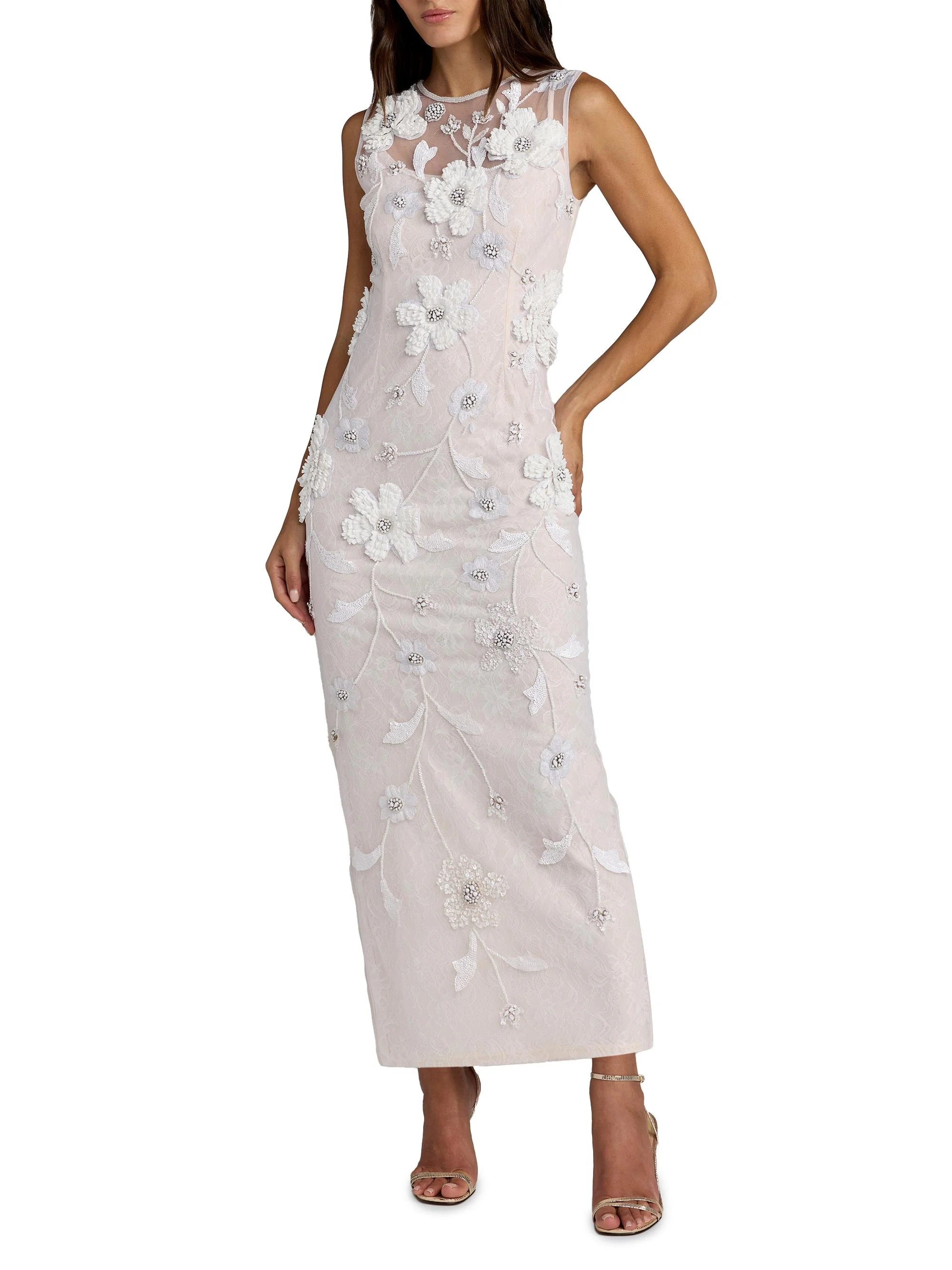 Women's Embellished Floral Lace Maxi Dress - Ivory - 1