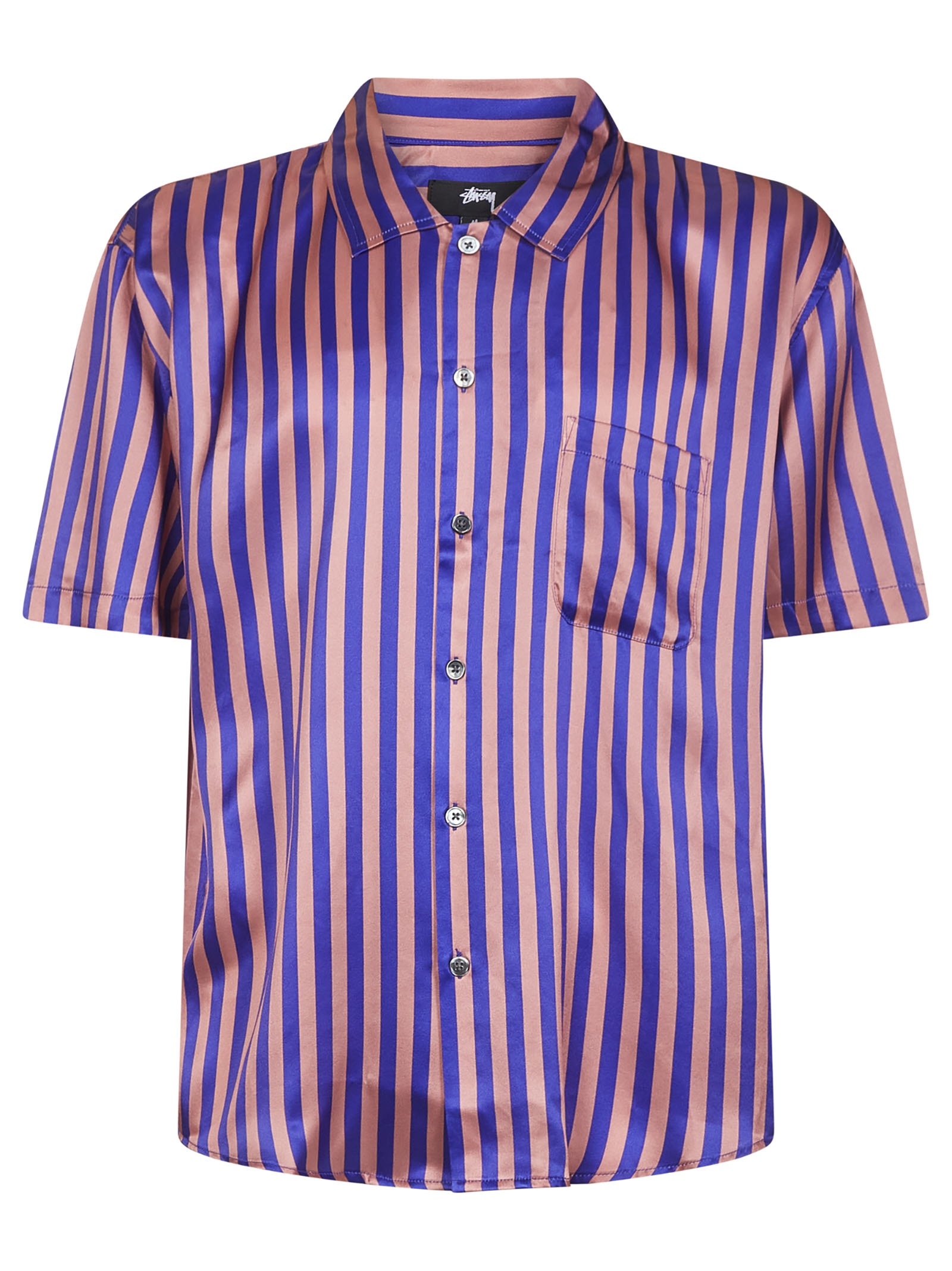 Short-sleeved blue and pink striped silk shirt with chest pocket. - 1