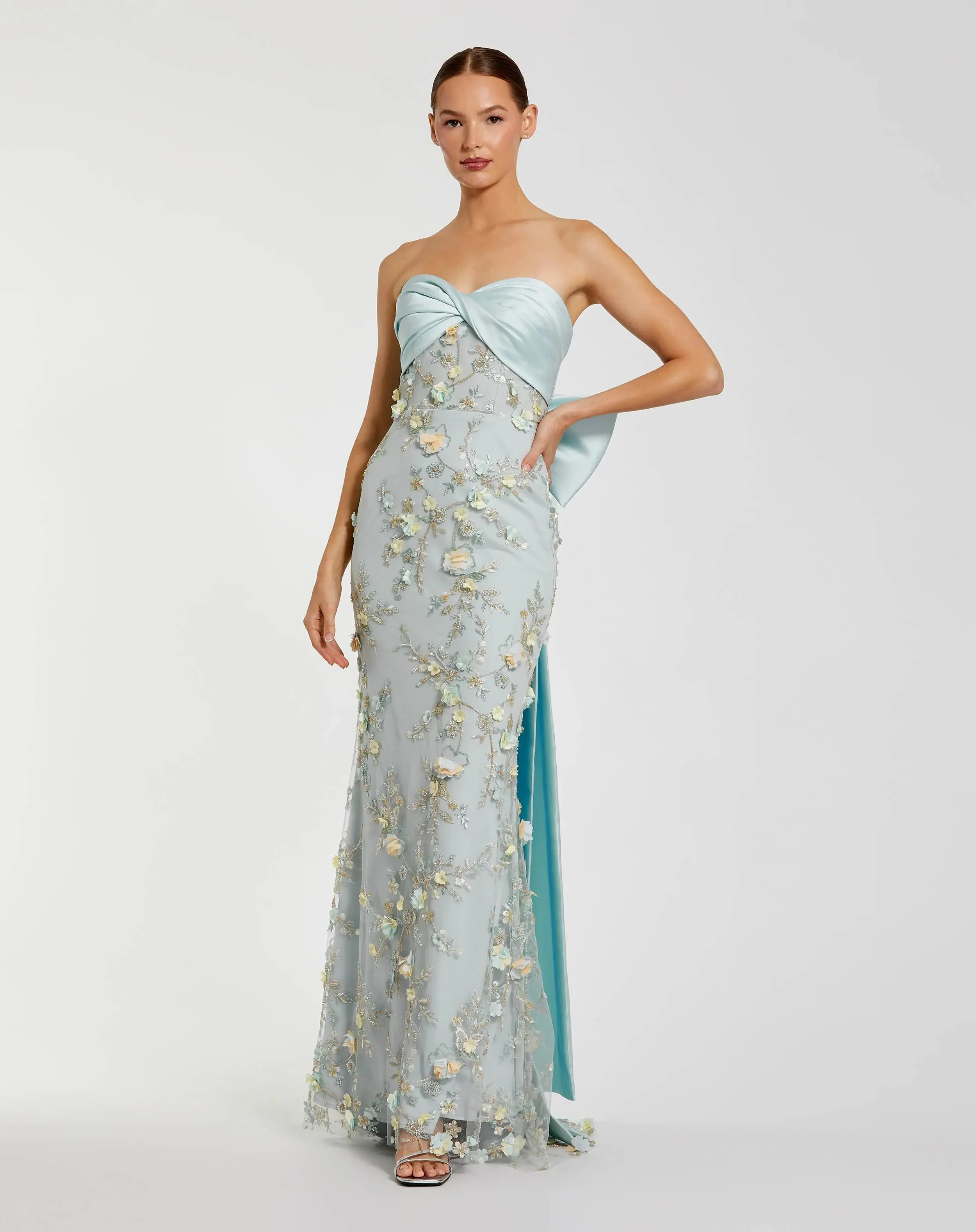 Blue Strapless Sweetheart Embellished Gown With Bow - 1