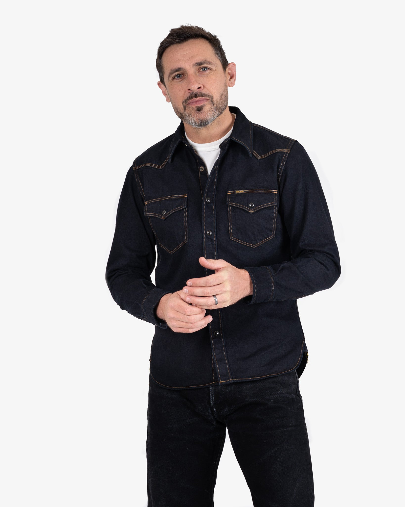 IHSH-33-OD 12oz Selvedge Denim Western Shirt - Indigo Overdyed Black - 2