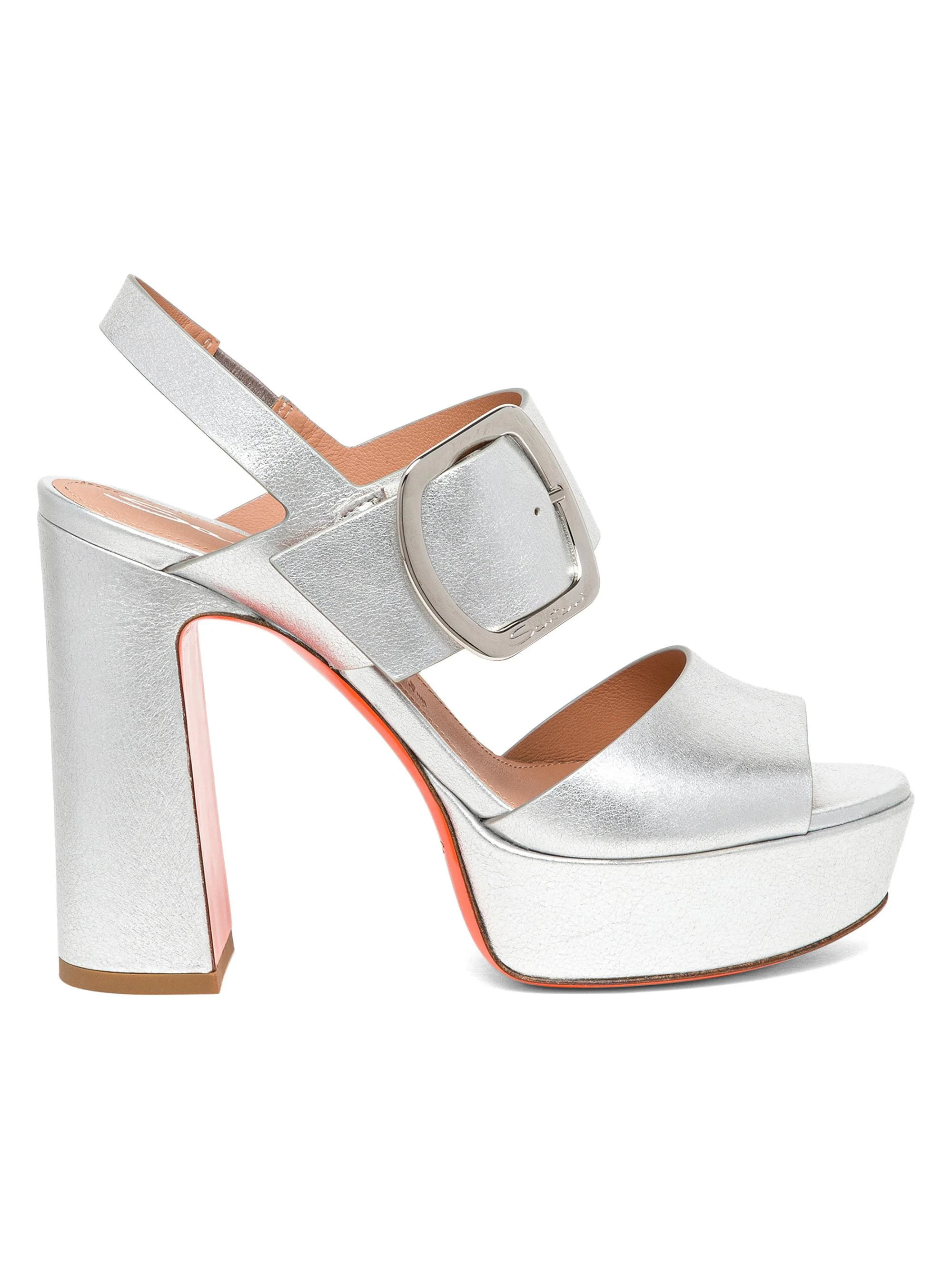 Women's Metallic Leather Buckle Platform Sandals - Silver - 1