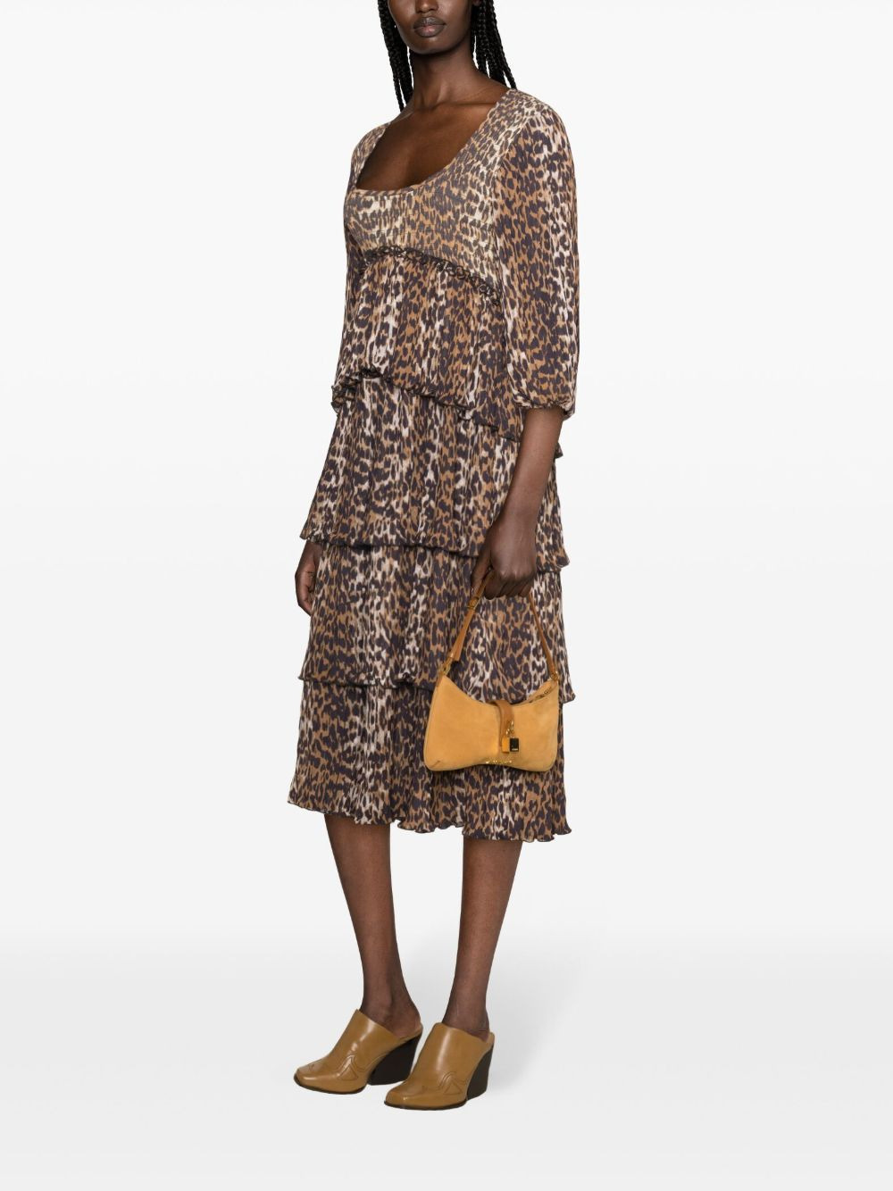 leopard-print short-sleeve layered midi dress - 3