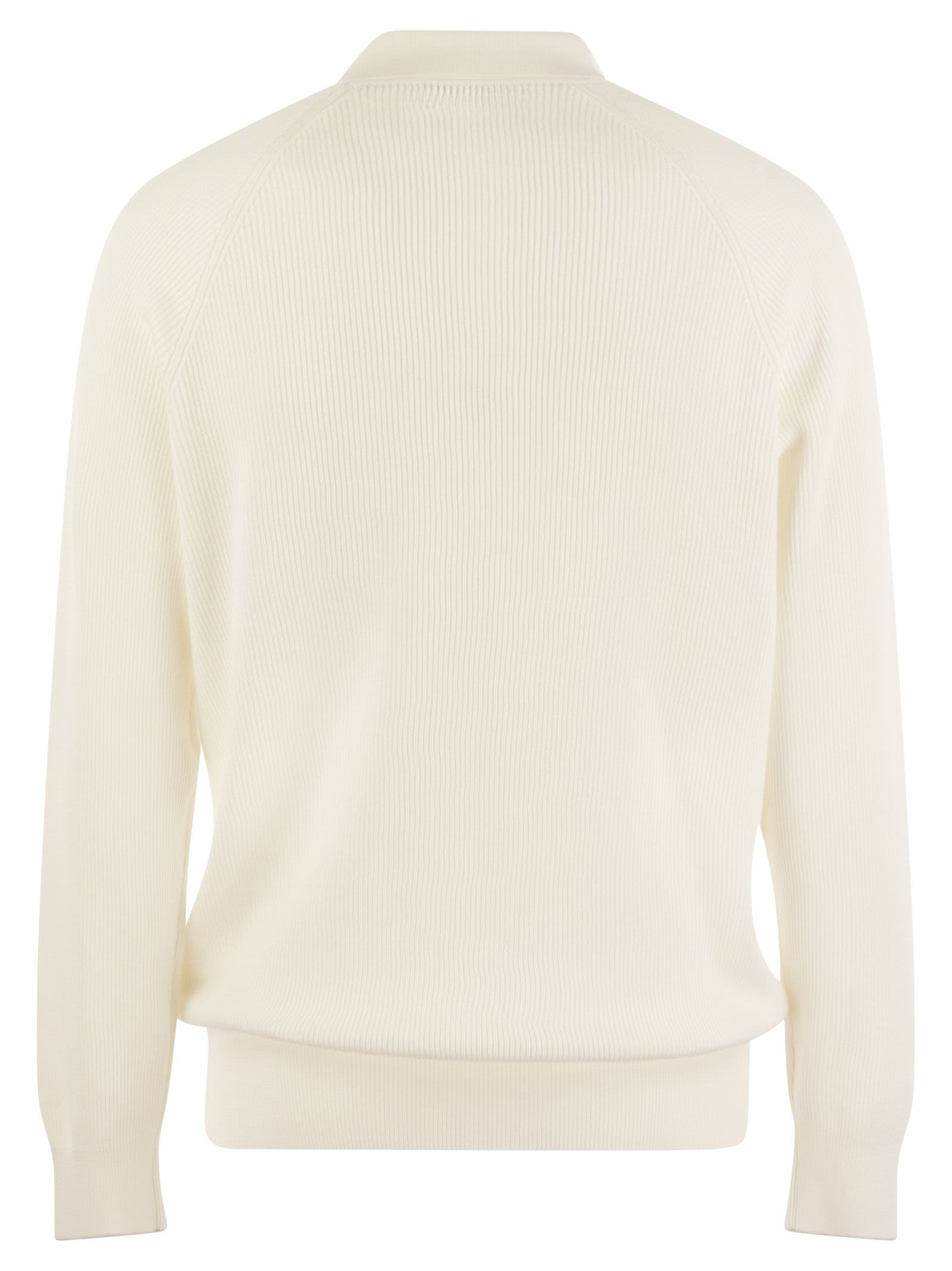 Brunello Cucinelli Men Cotton Rib Knit Polo Shirt With Long Raglan Sleeve - 2