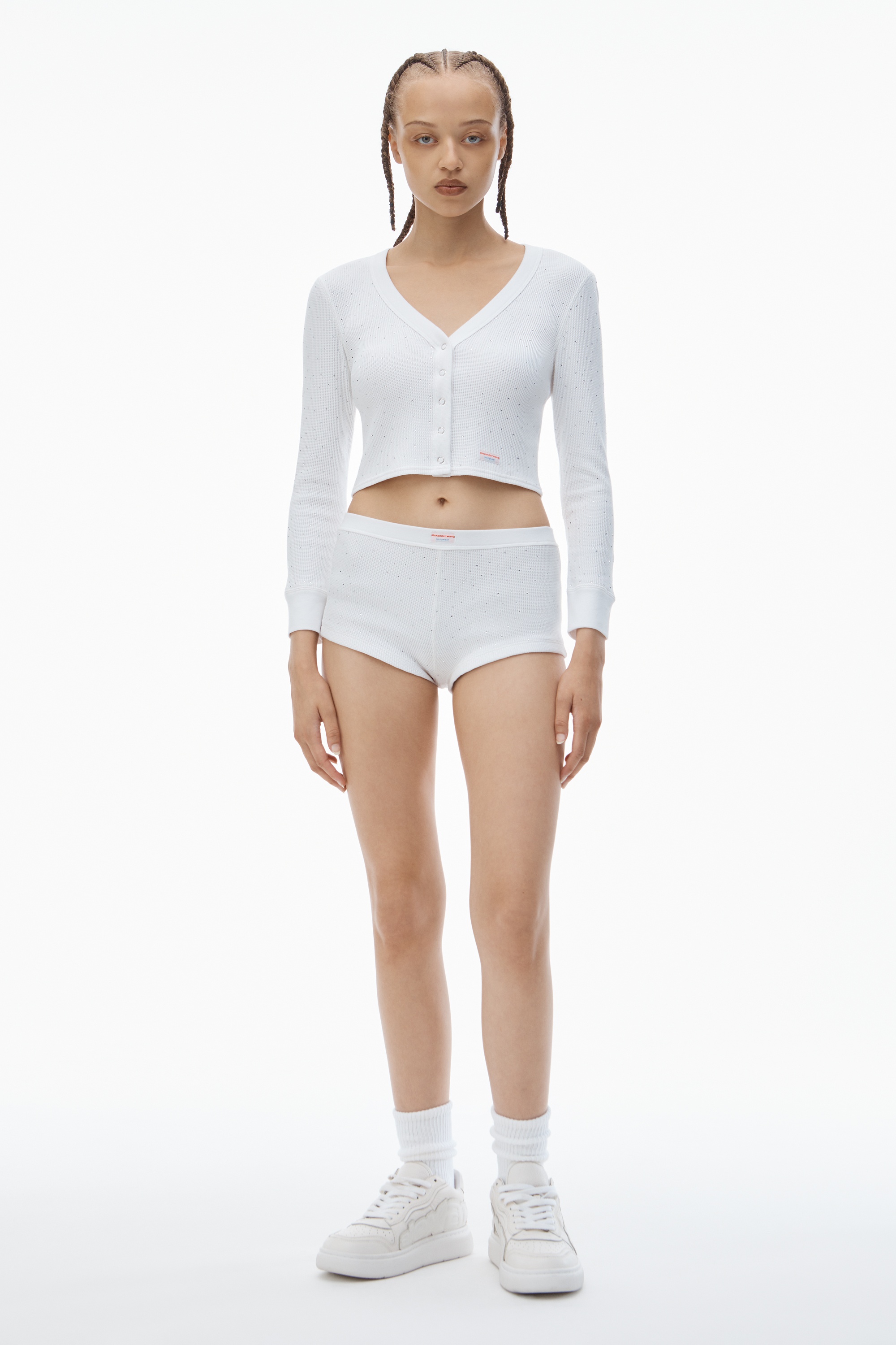 Crystal Hotfix Long-Sleeve Cardigan in Waffle Knit - 5