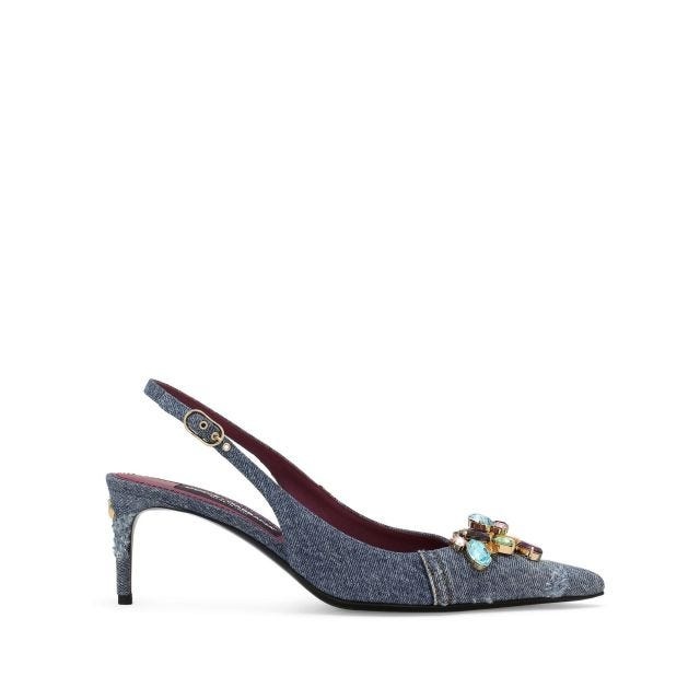 Crystal-embellished denim slingback pumps - 1