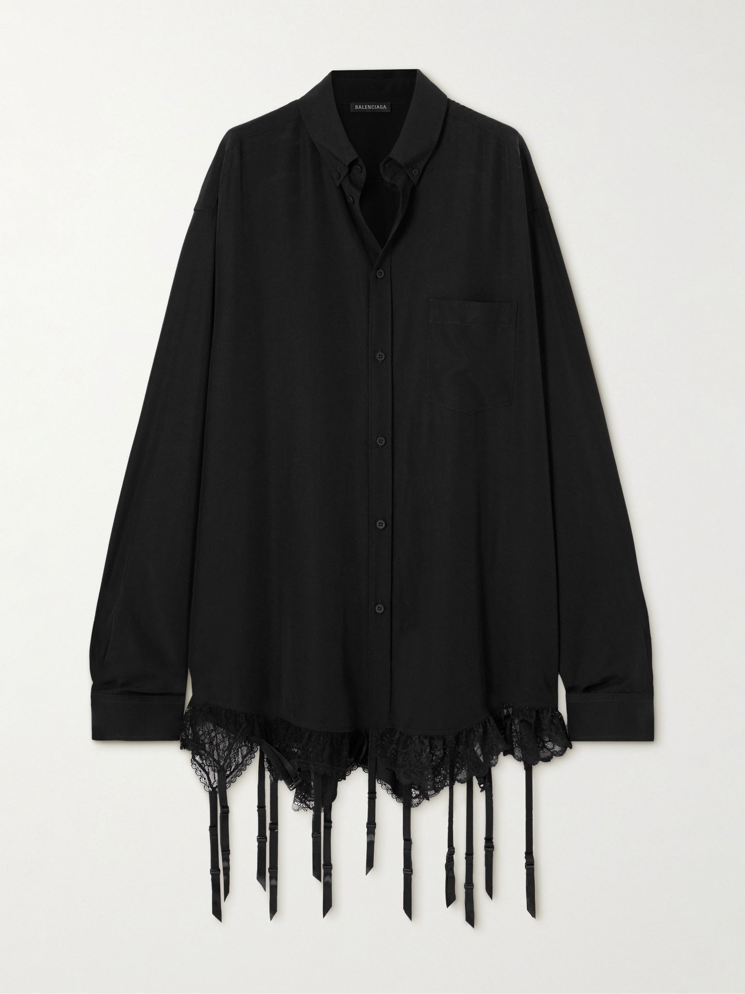 Fringed lace-trimmed Lyocell-poplin shirt Black - 1