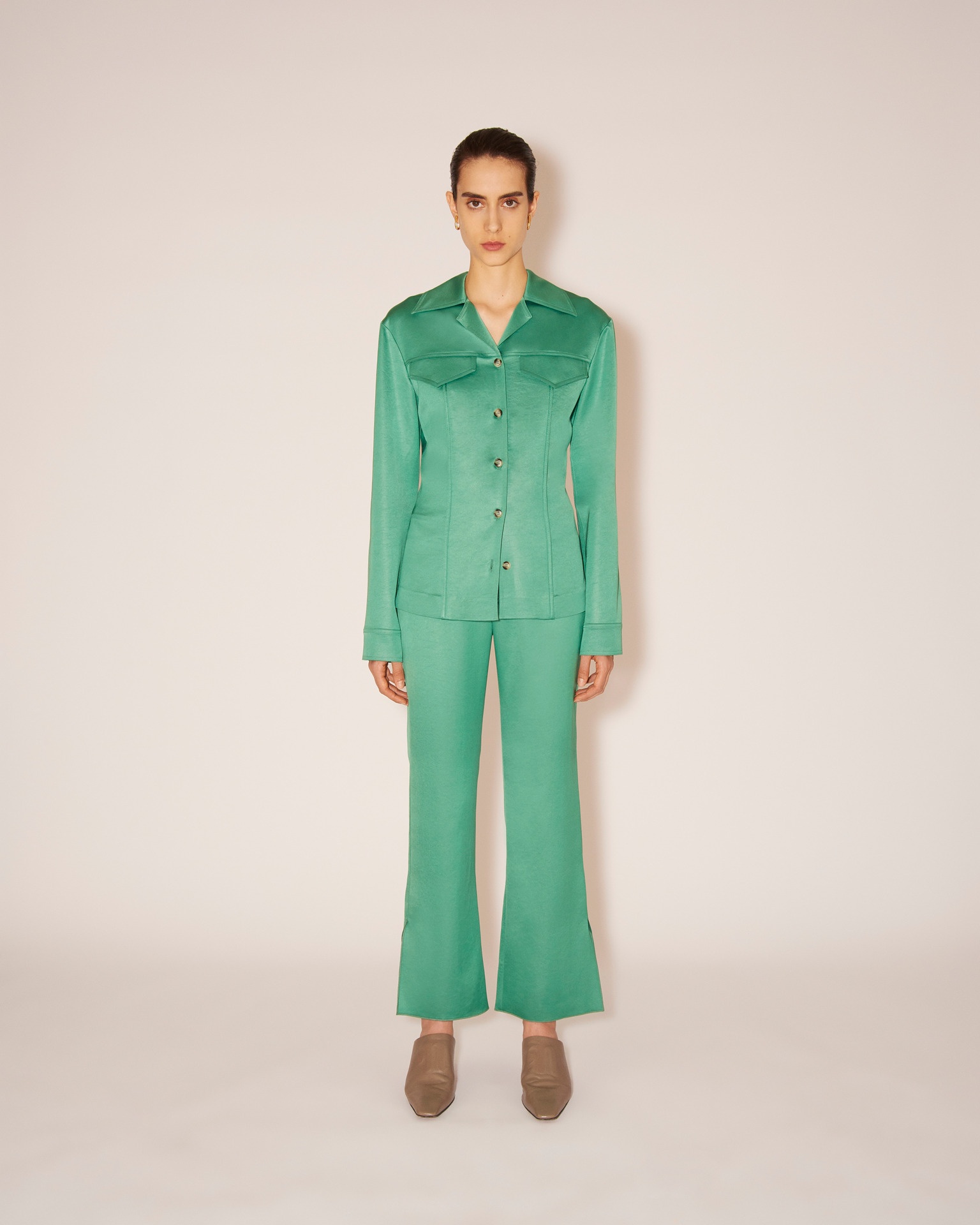 TOSCA - Glossy satin patch pocket shirt - Green - 2
