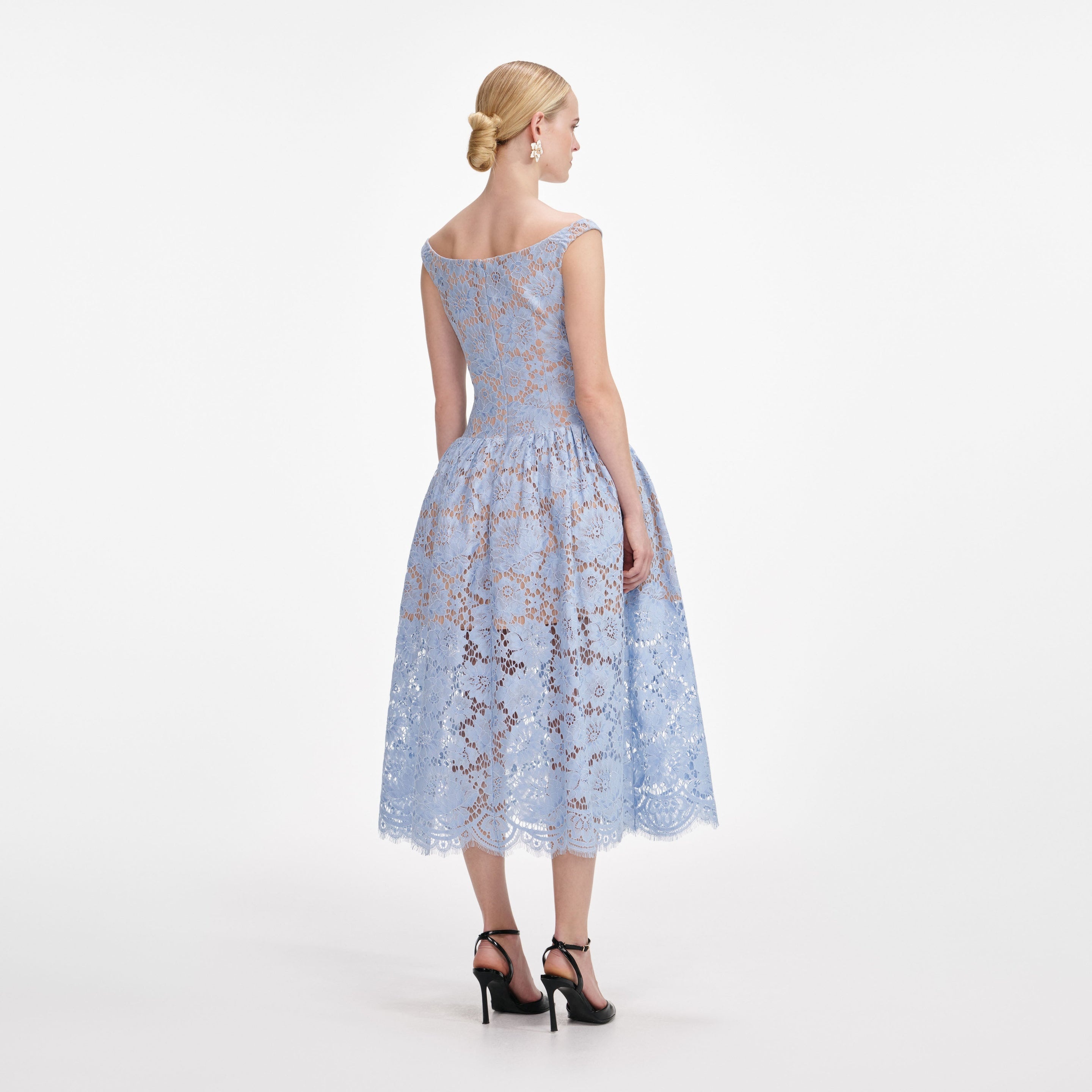 Blue Floral Lace Midi Dress - 3