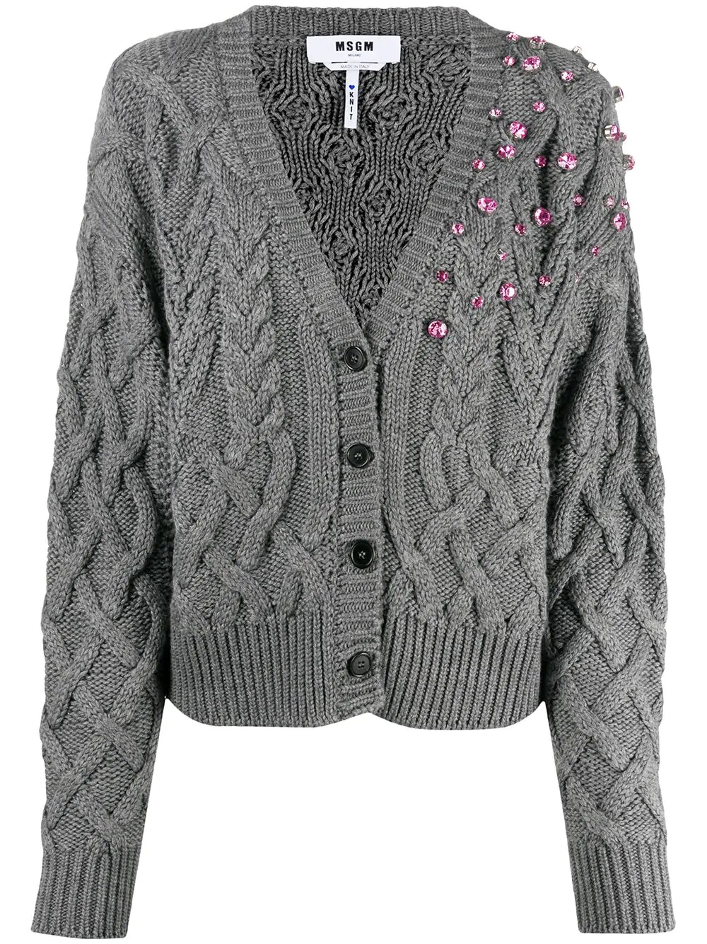 jewel-embellished cable knit cardigan - 1