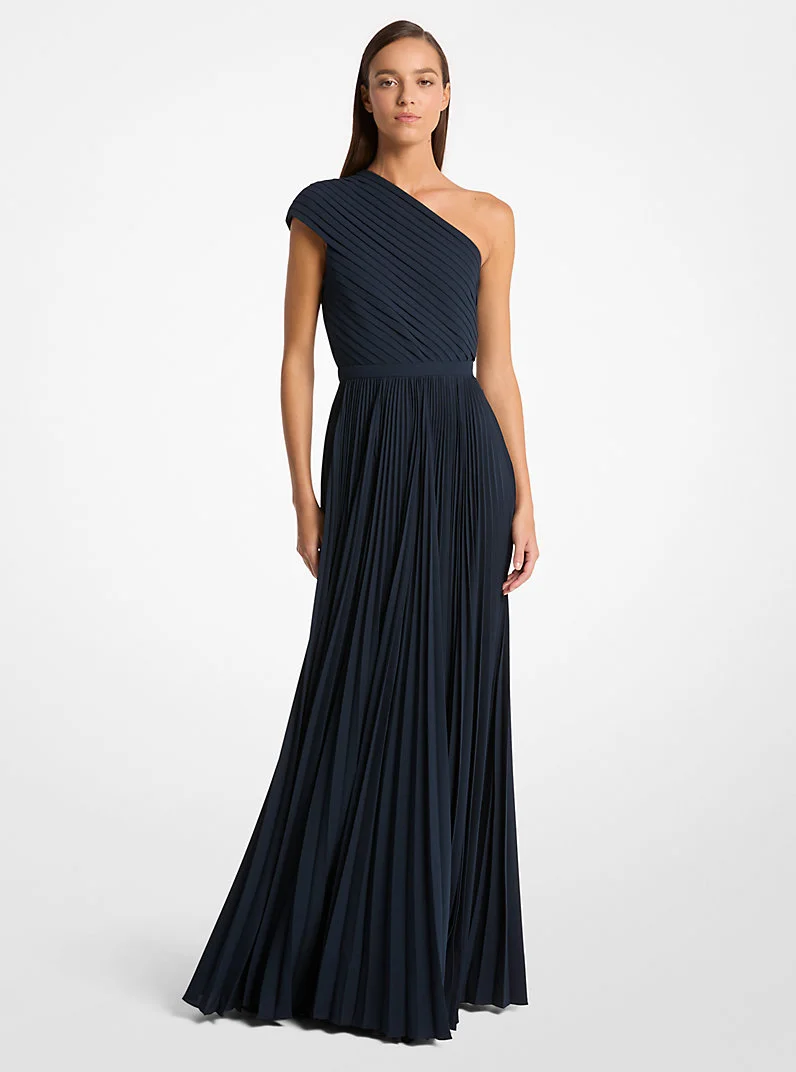 Pleated Georgette One-Shoulder Gown - 1