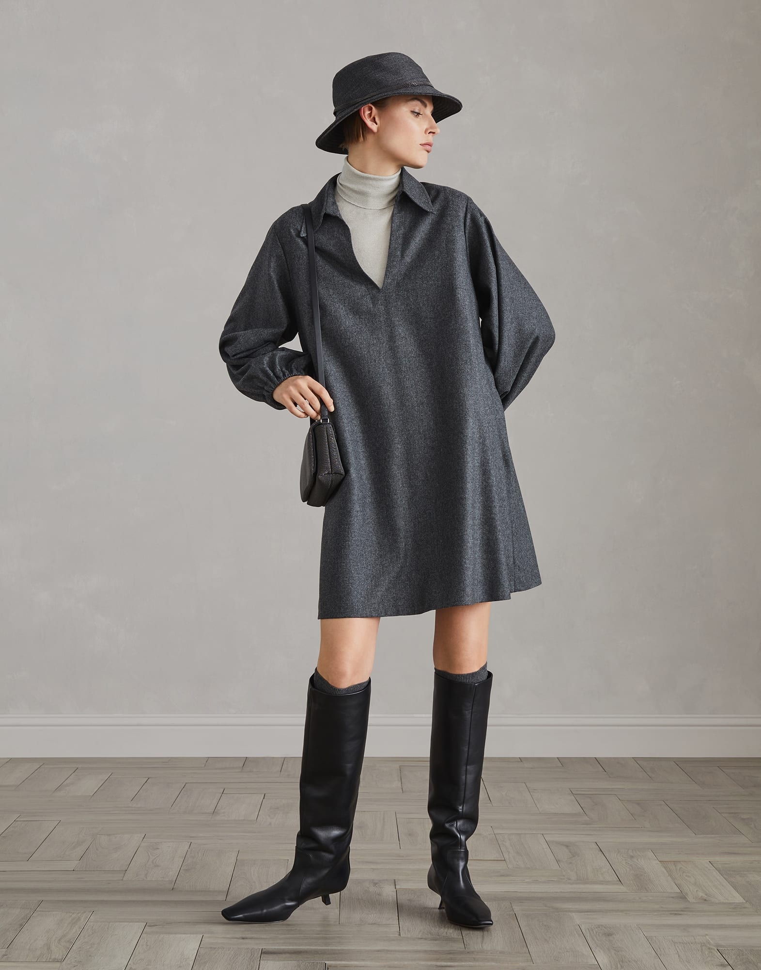 Virgin wool and cashmere flannel shirt dress with monili - 5