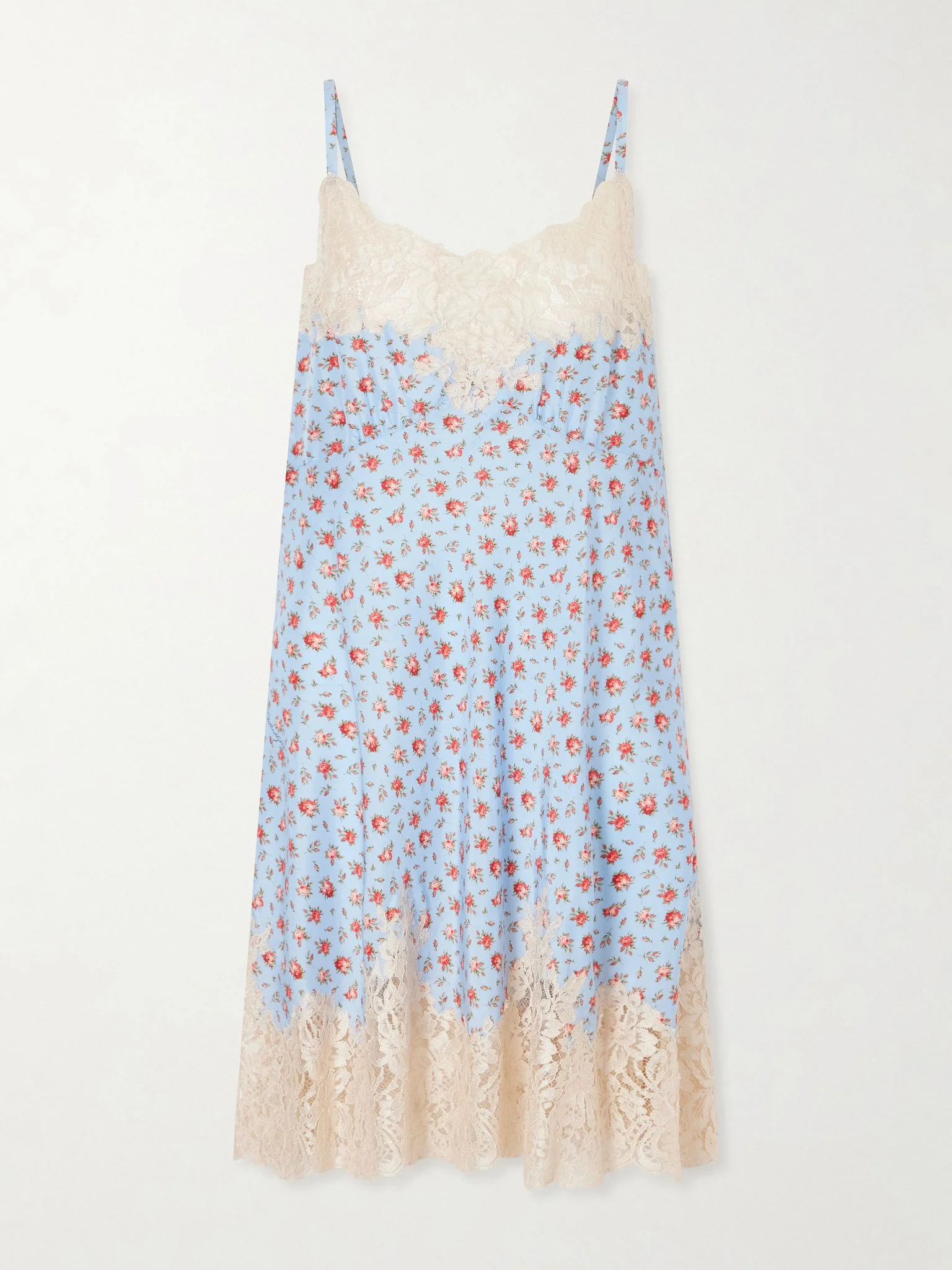 Floral-print lace-trimmed silk-blend mini dress Light blue - 1