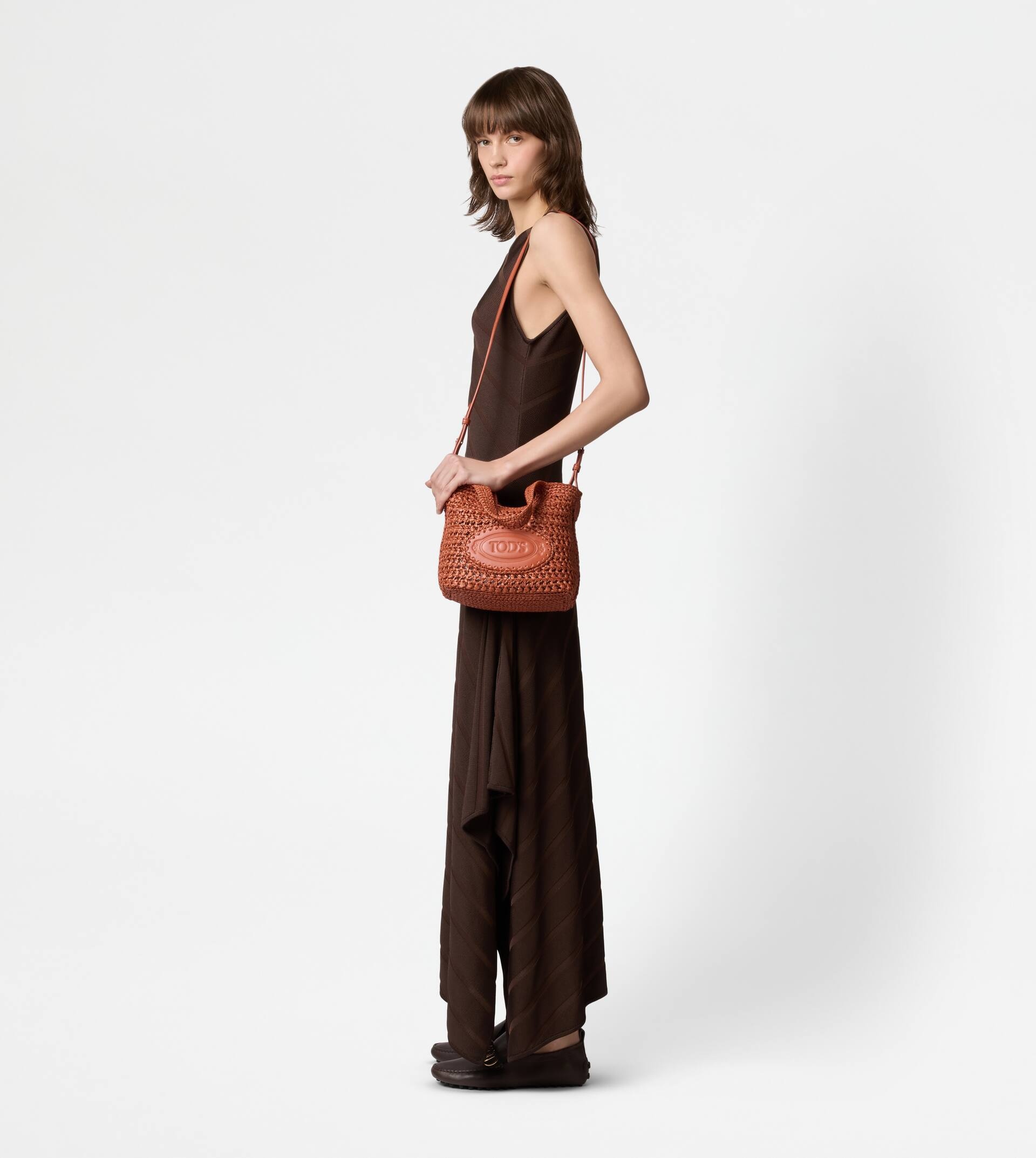 SHOPPING BAG IN RAFFIA AND LEATHER MINI - ORANGE - 8