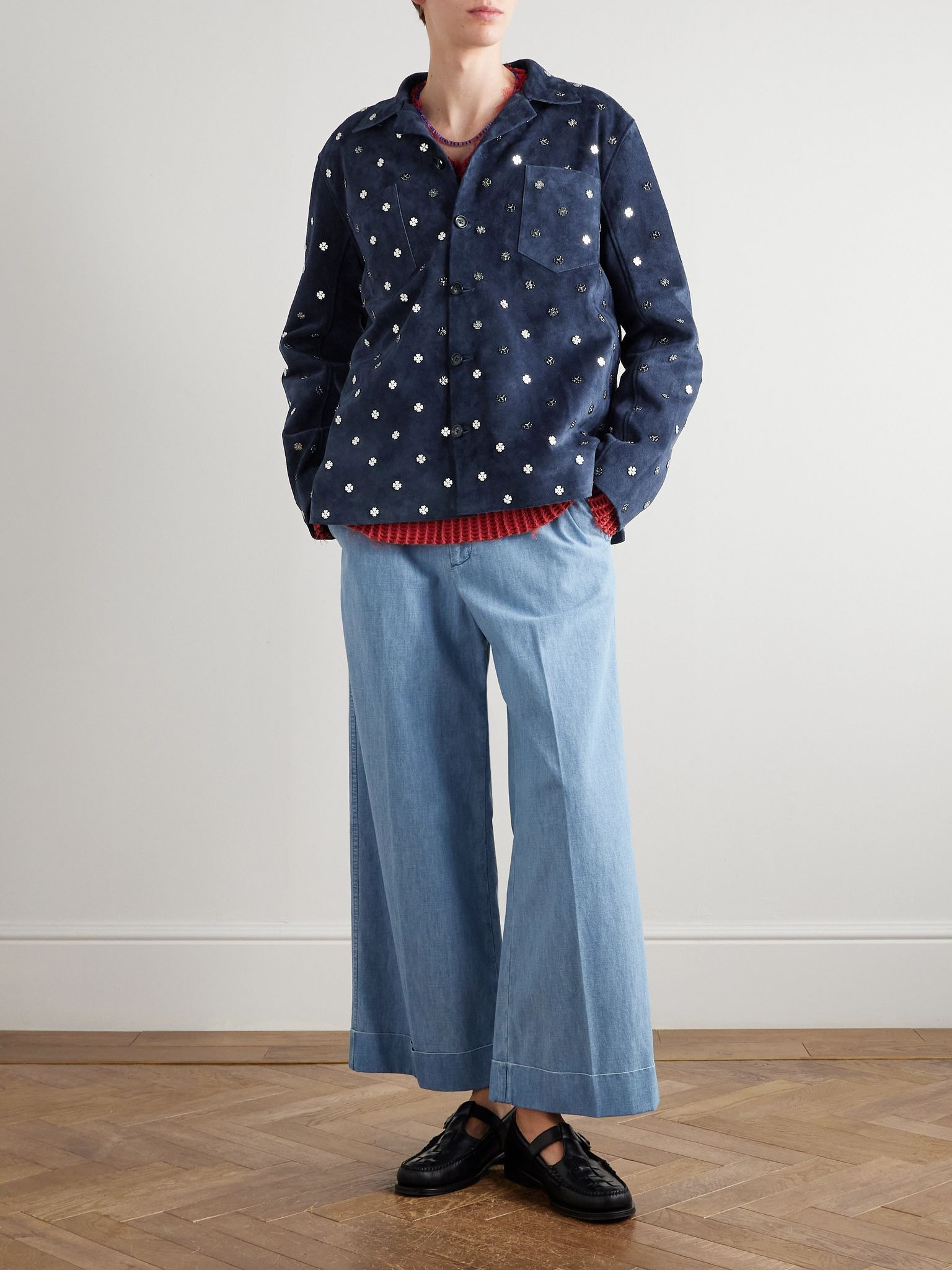 Clover Embellished Suede Overshirt Navy - 2