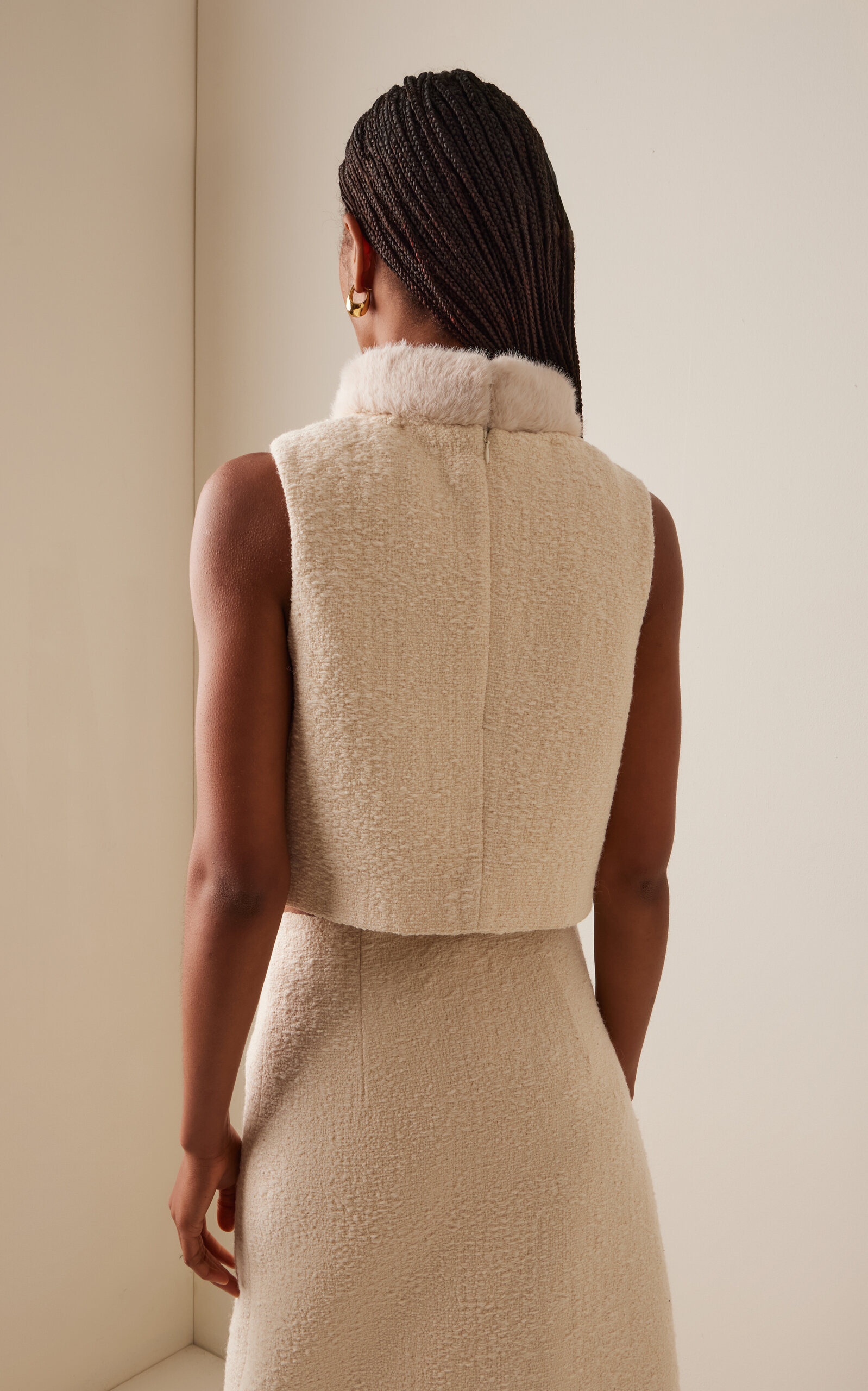 Gina Faux Fur-Trimmed Cotton-Wool Blend Tweed Top white - 4