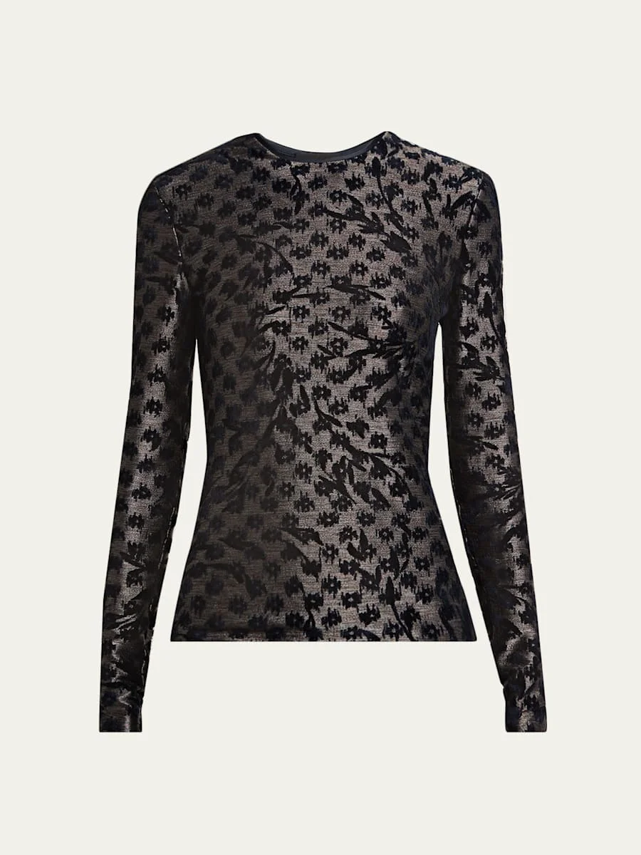 Floral Metallic Burnout Long-Sleeve Top - 1