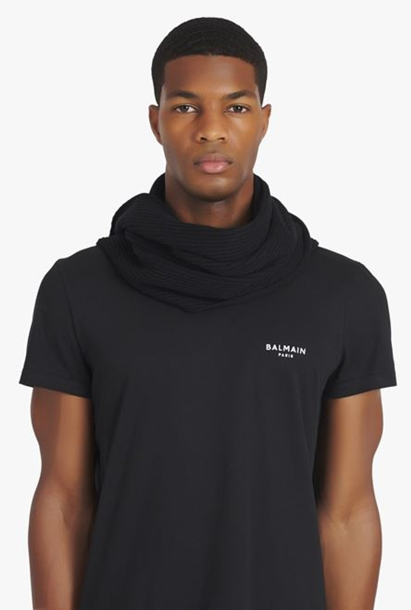 Black wool and cashmere scarf with embroidered white Balmain logo 3