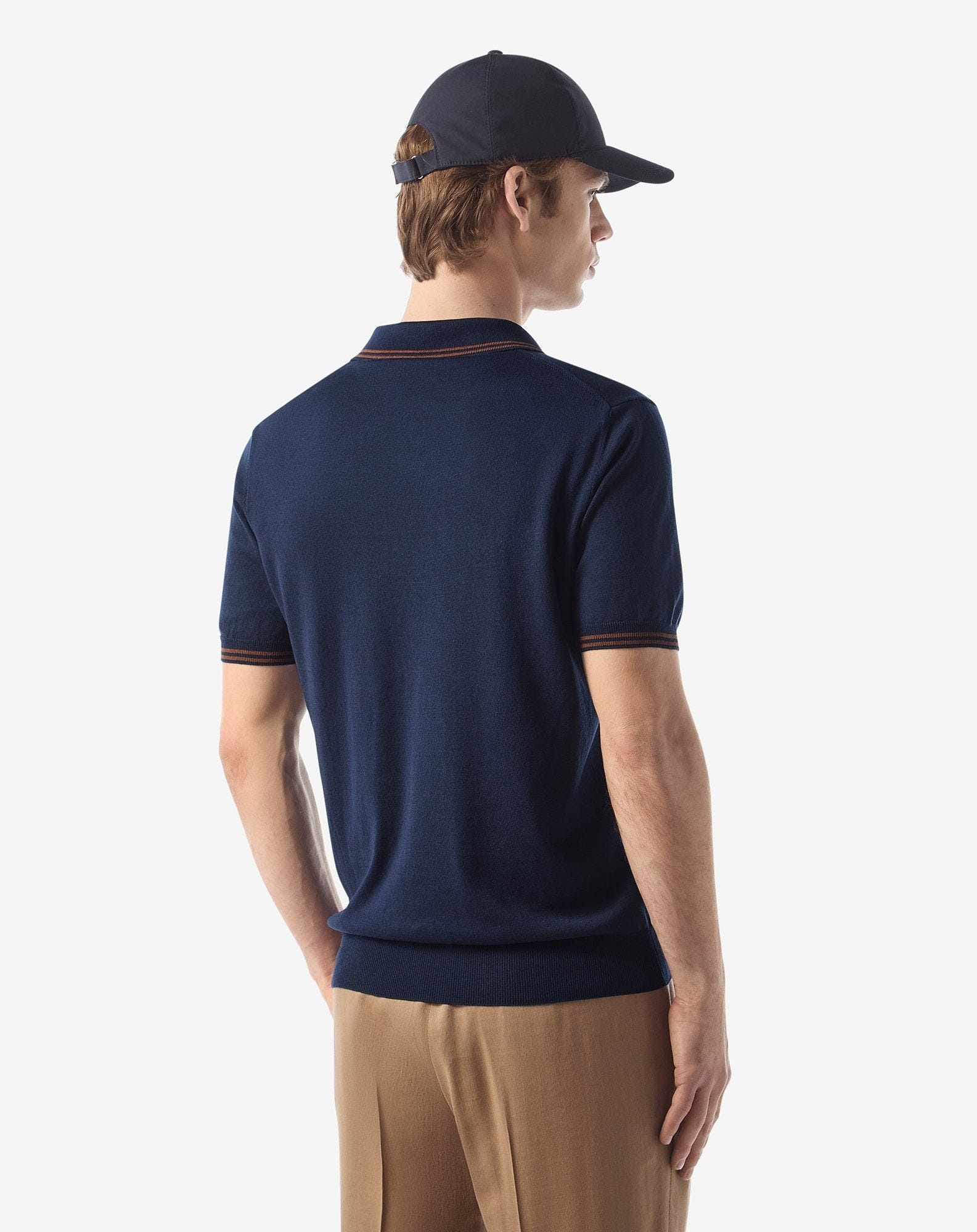 Blue/burned earth silk and cotton polo shirt - 3