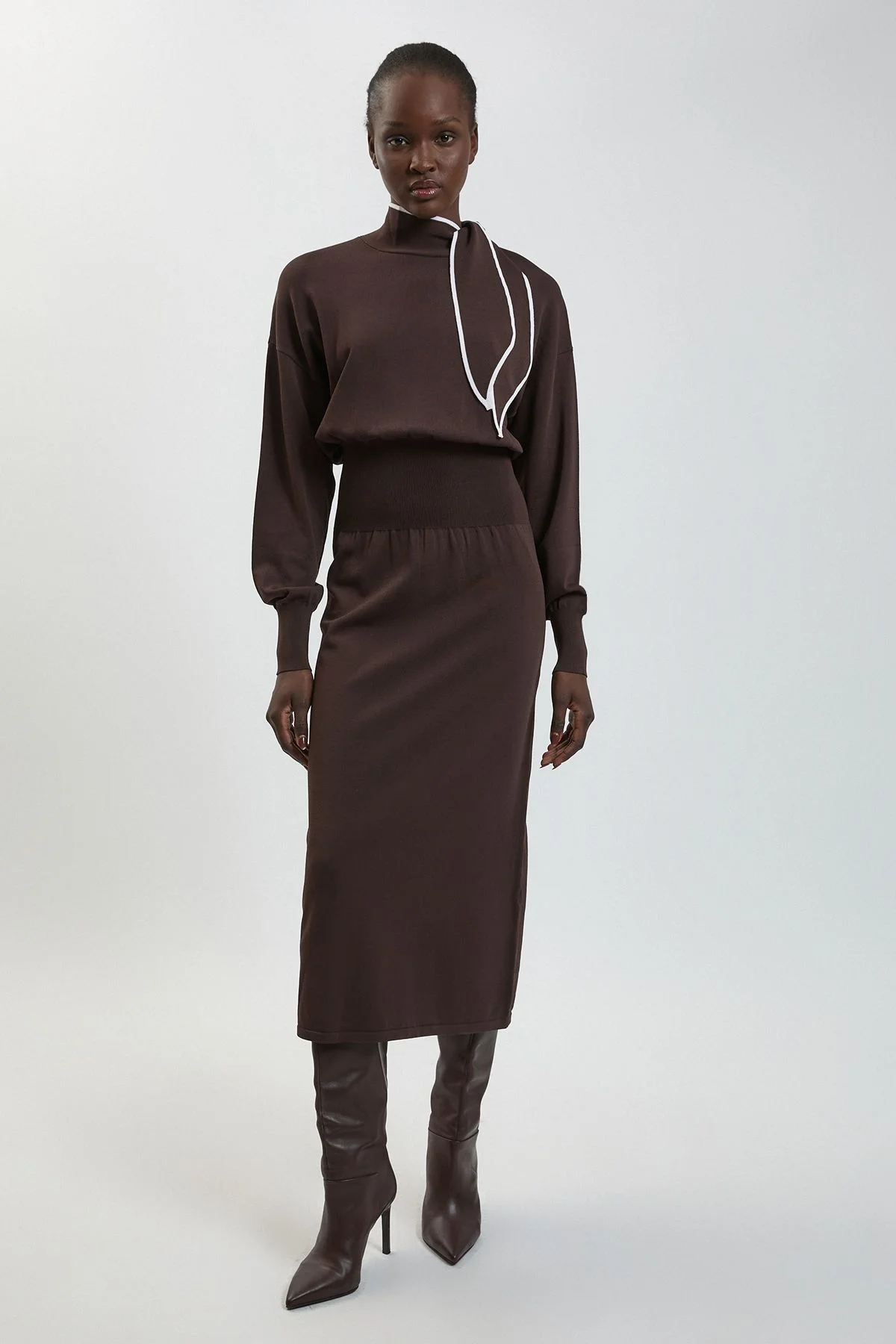 Knitted Neck Tie Detail Midi Dress - 1