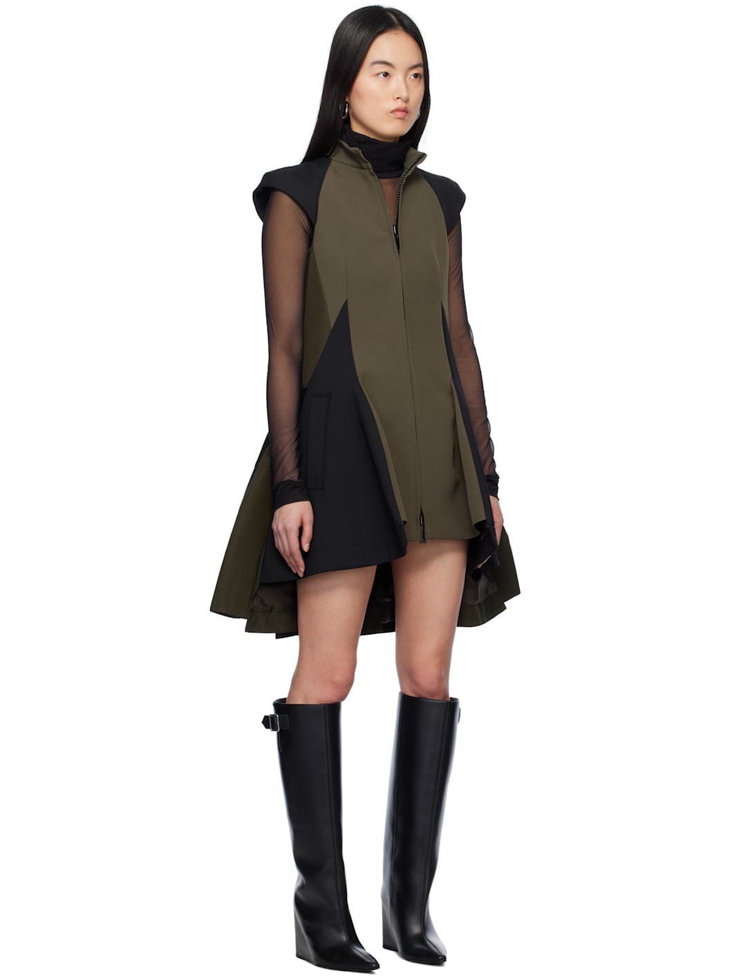 Khaki & Black Matelasse Twill Mix Minidress - 2