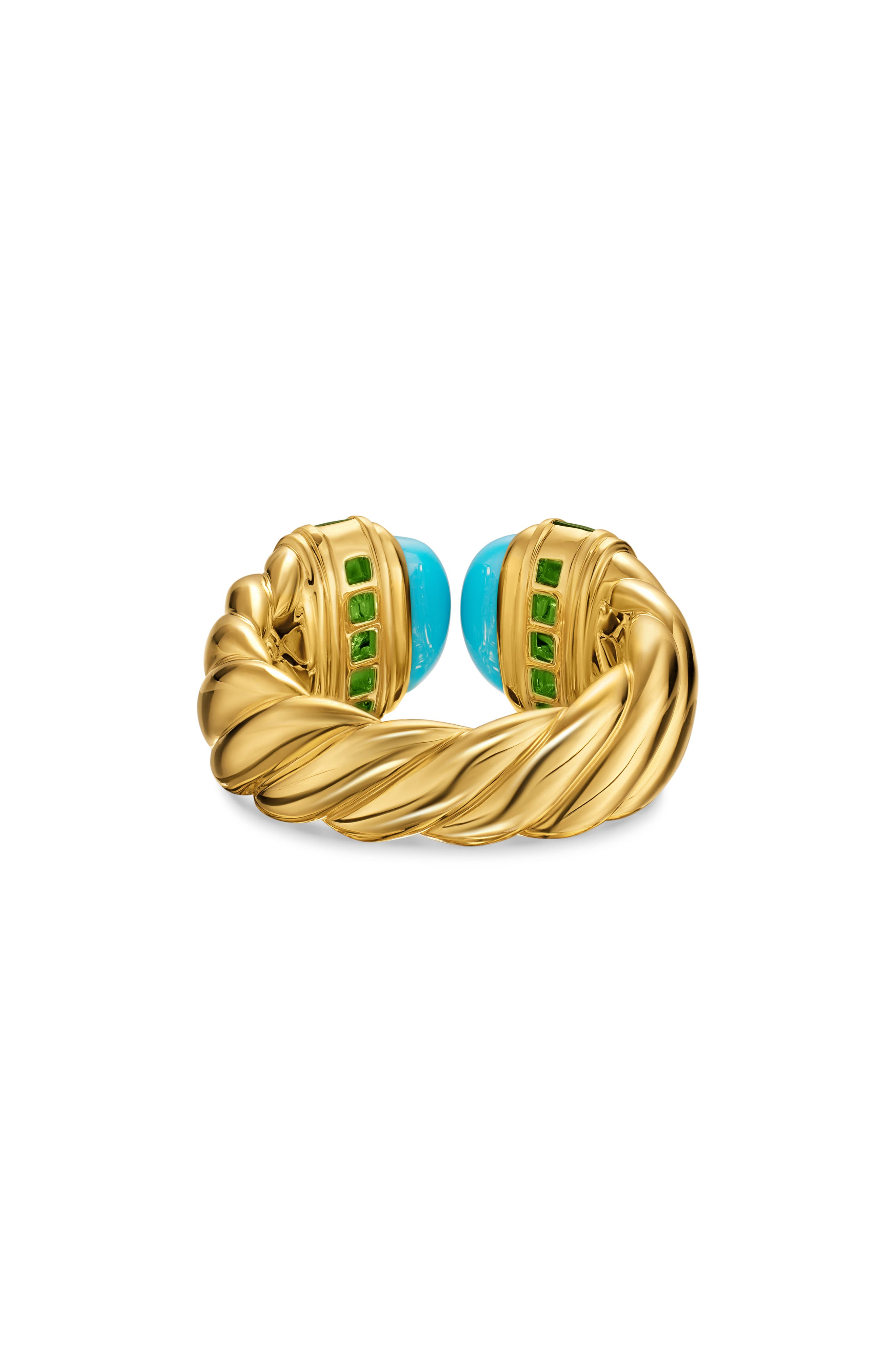 David Yurman Sculpted Cable Open Cocktail Ring in 18K Yellow Gold with Turquoise and Tsavorites, 12. - 5