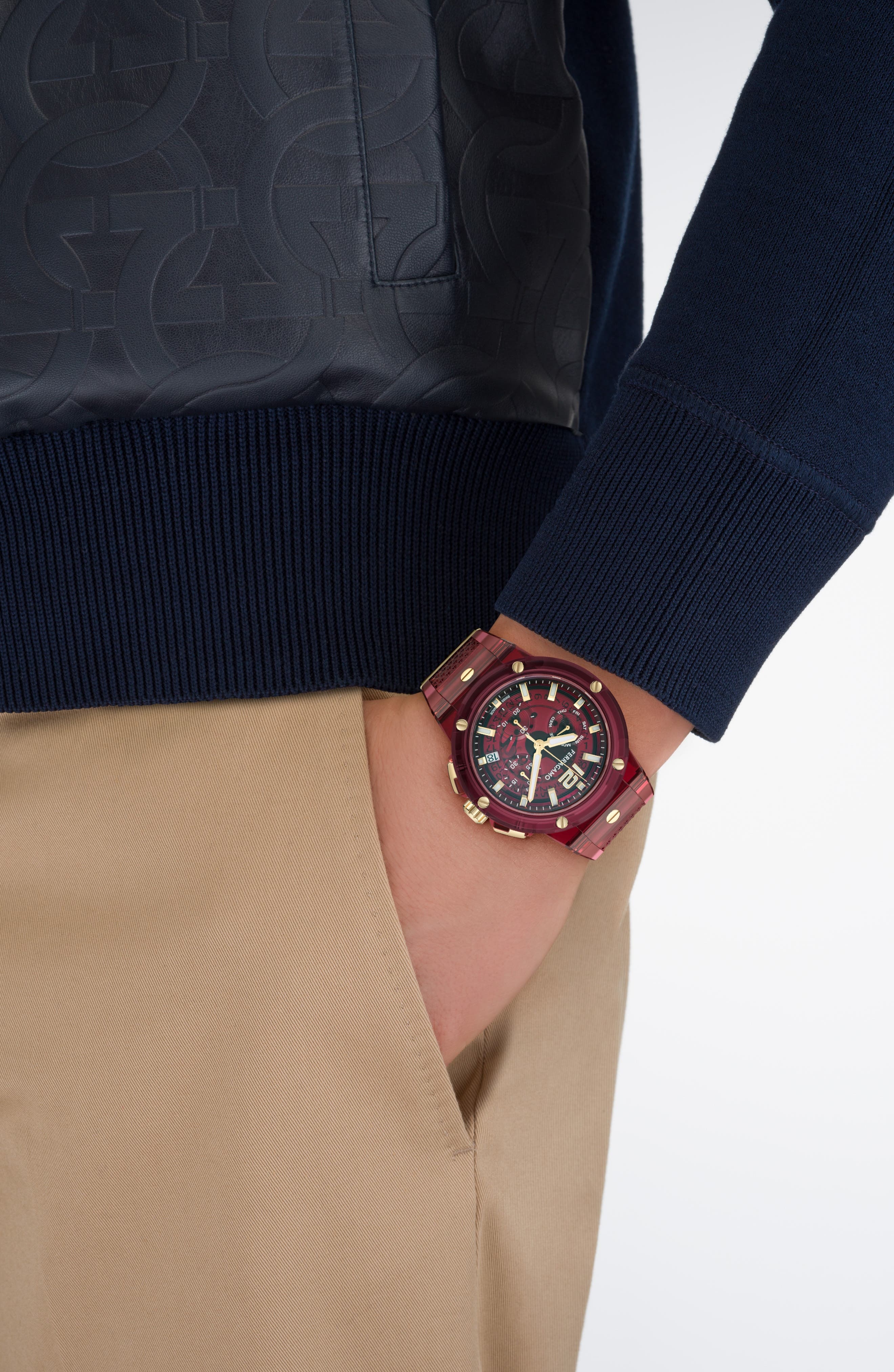 FERRAGAMO F-80 Translucent Chronograph Recycled Polyurthane Strap Watch, 44mm in Burgundy at Nordstr - 2