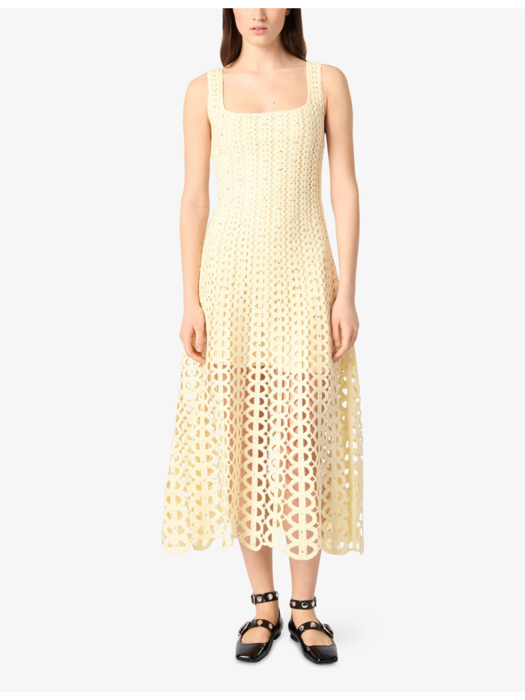 Square-Neck Crochet-Embroidered Sleeveless Knitted Midi Dress - 2